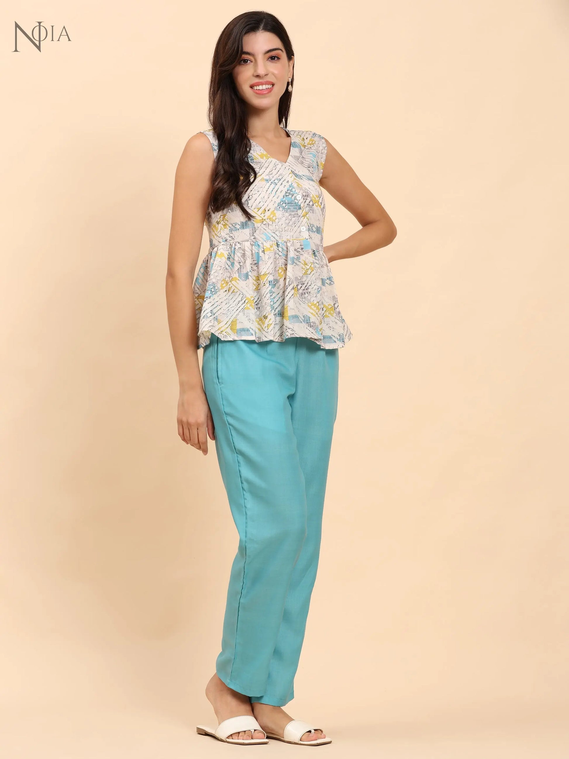 Noia White & Multi Geometric Sleeveless Peplum Top with Trousers Noia