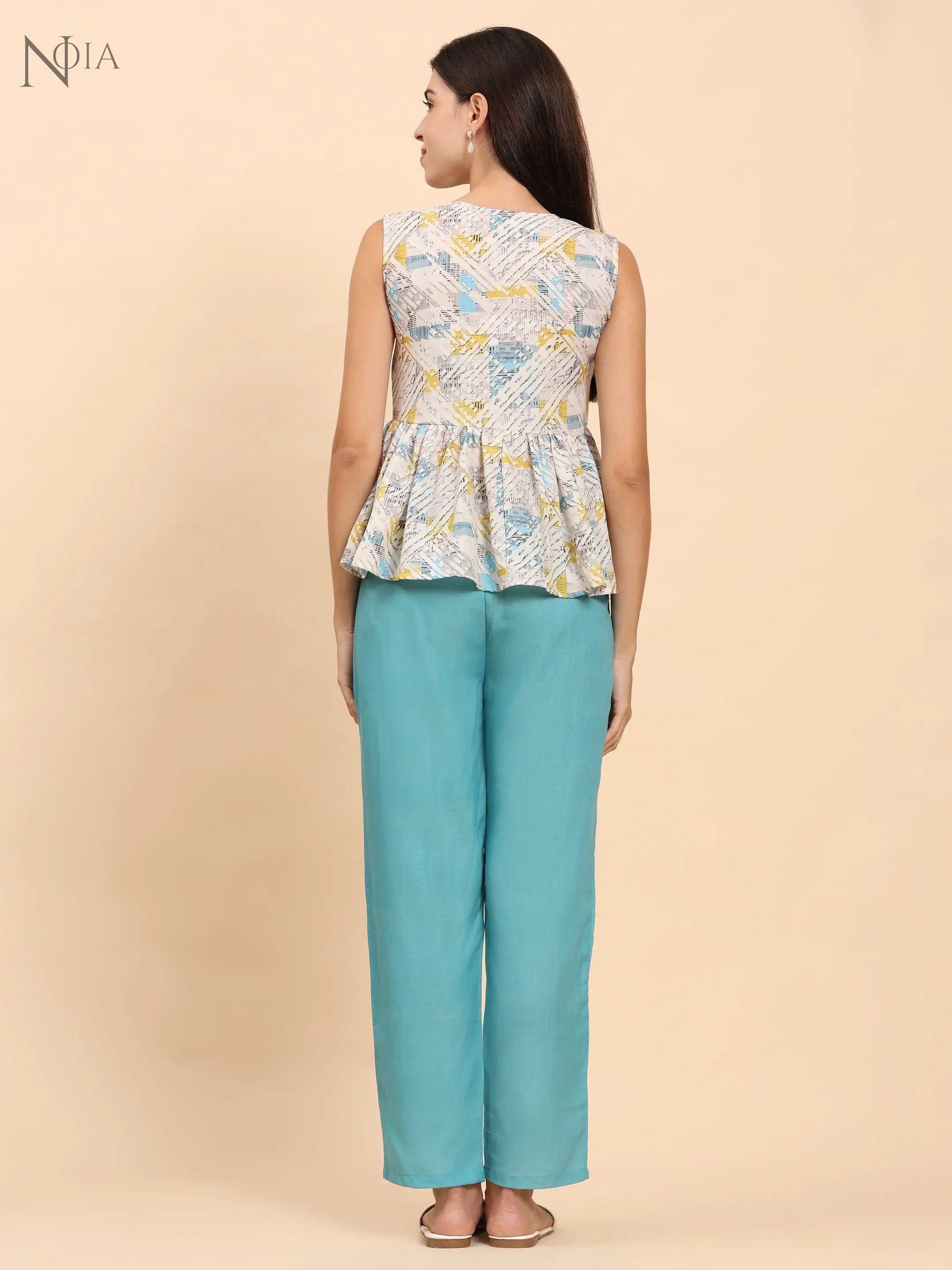 Noia White & Multi Geometric Sleeveless Peplum Top with Trousers Noia