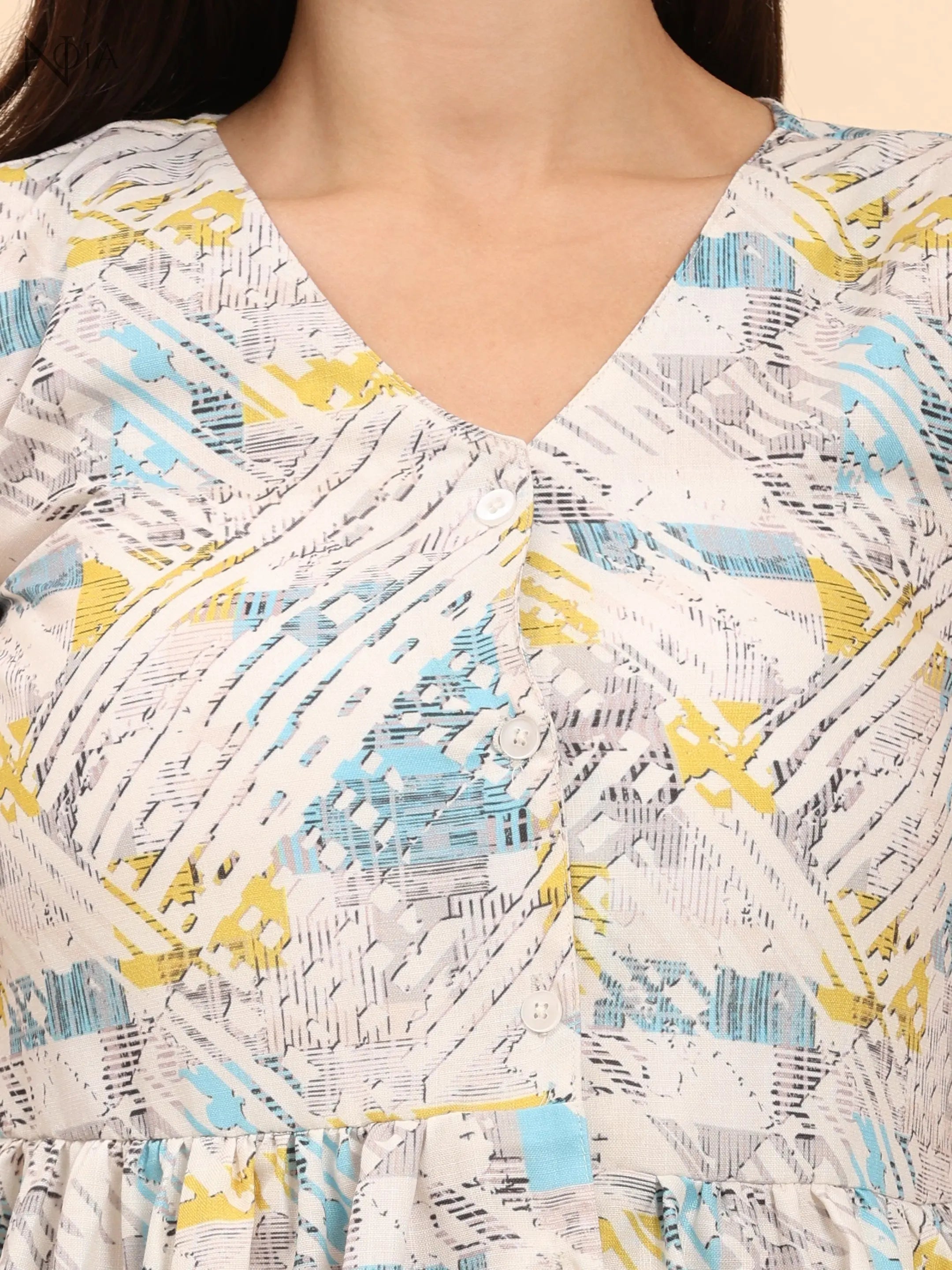 Noia White & Multi Geometric Sleeveless Peplum Top with Trousers Noia