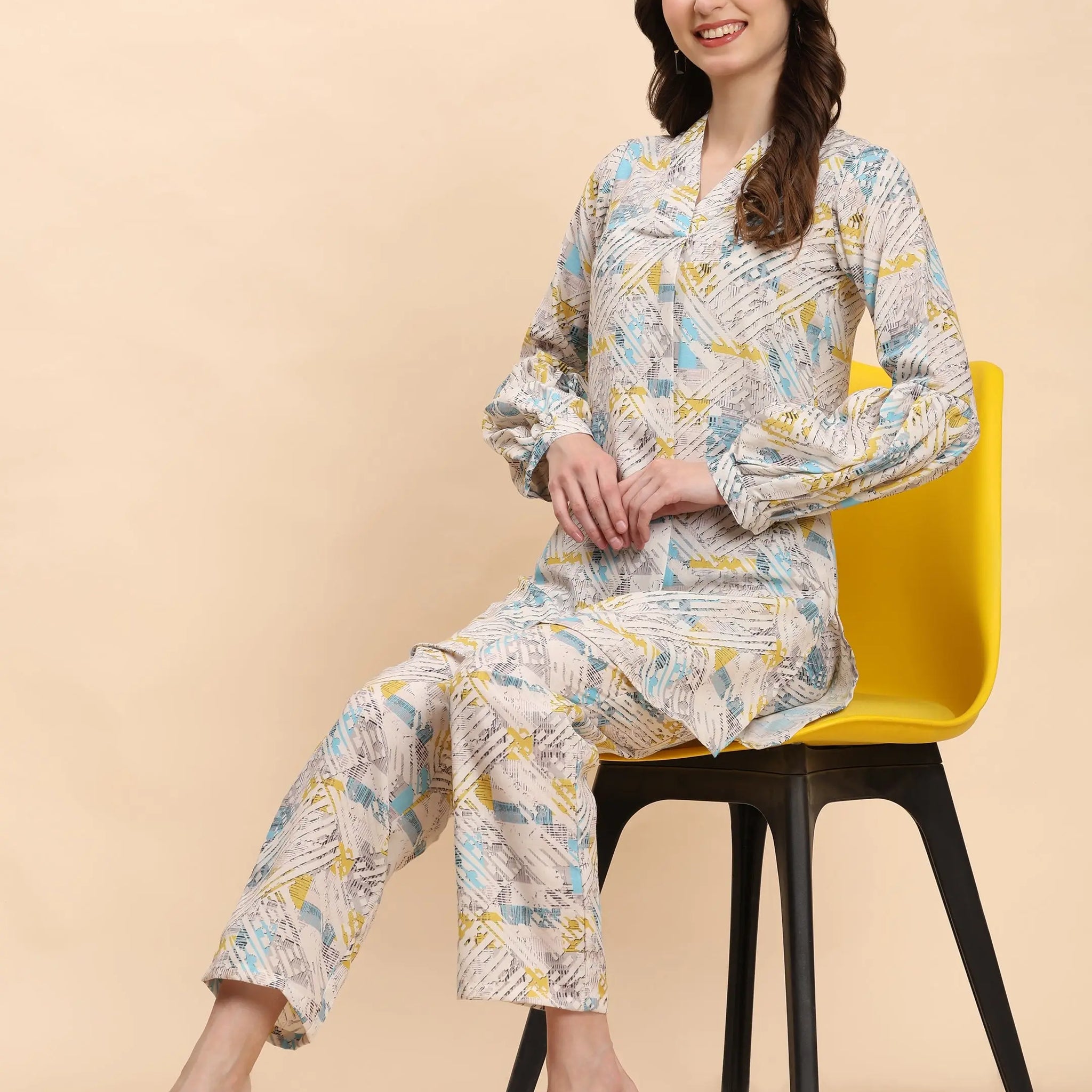 Noia White & Multi Geometric V Necked Top with Trousers Noia