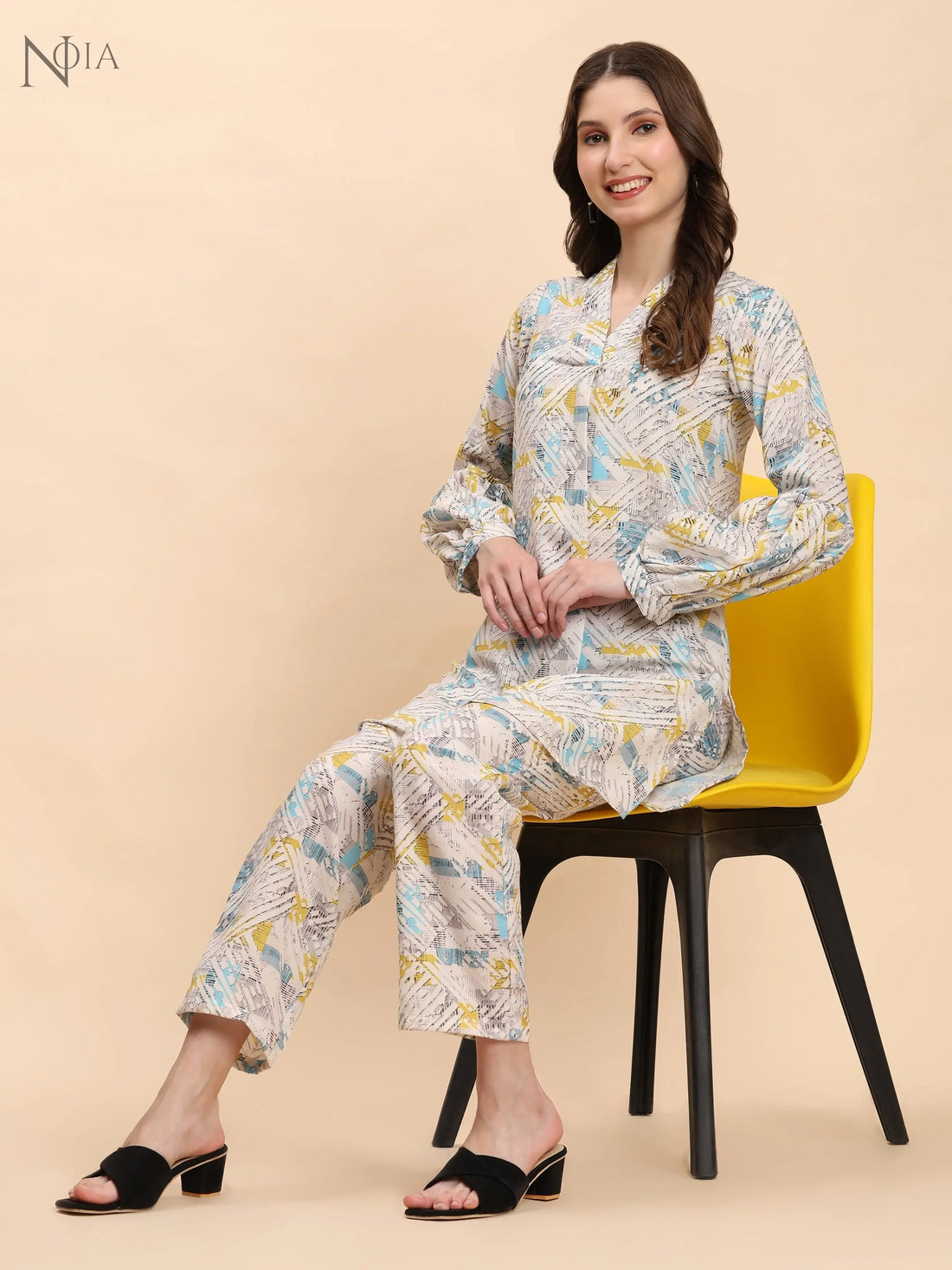 Noia White & Multi Geometric V Necked Top with Trousers Noia