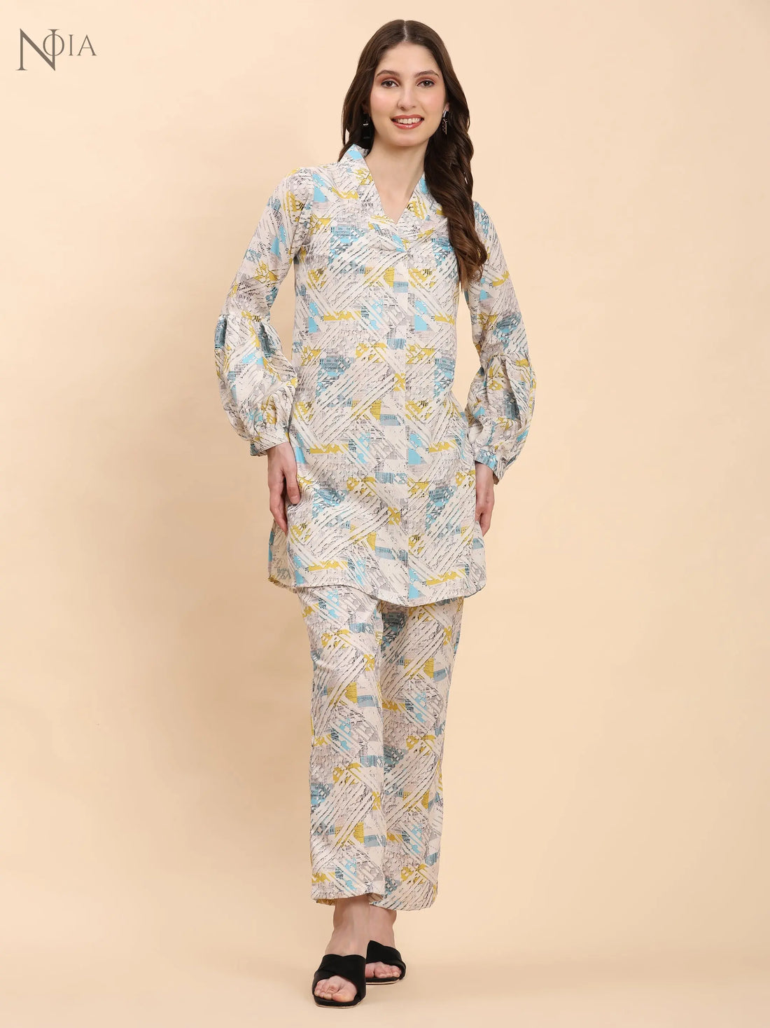 Noia White & Multi Geometric V Necked Top with Trousers Noia