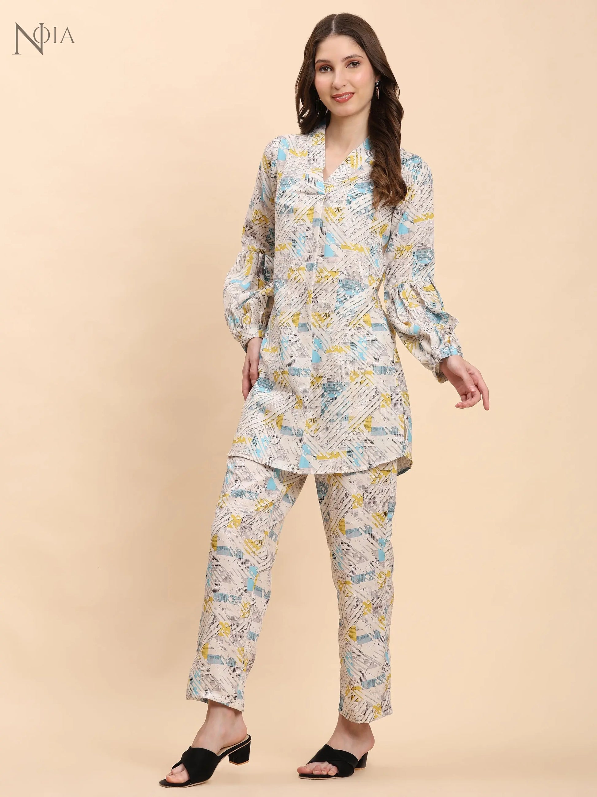 Noia White & Multi Geometric V Necked Top with Trousers Noia