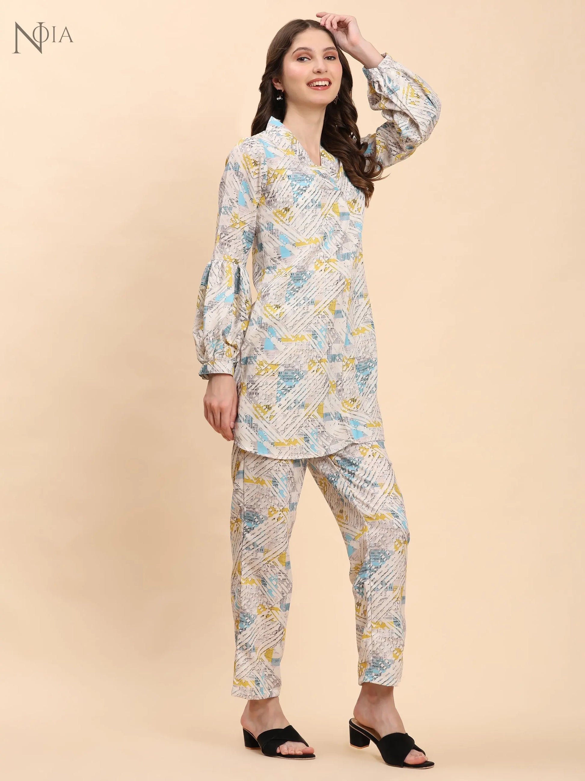 Noia White & Multi Geometric V Necked Top with Trousers Noia