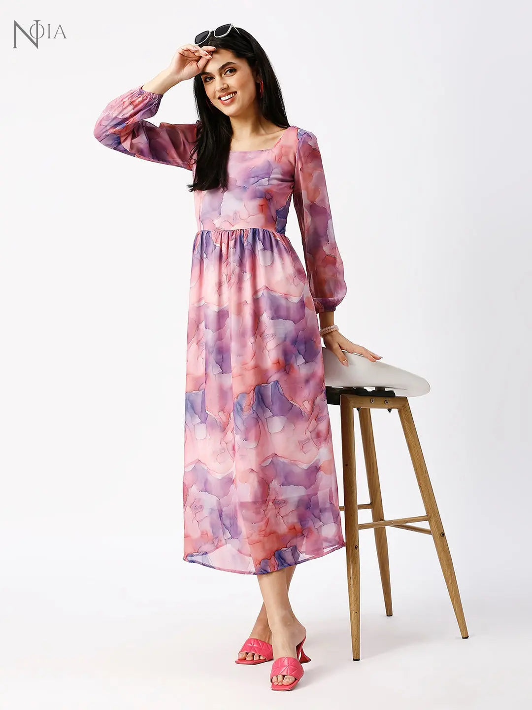 Noia Women Abstact Printed Square Neck Midi Dress Noia