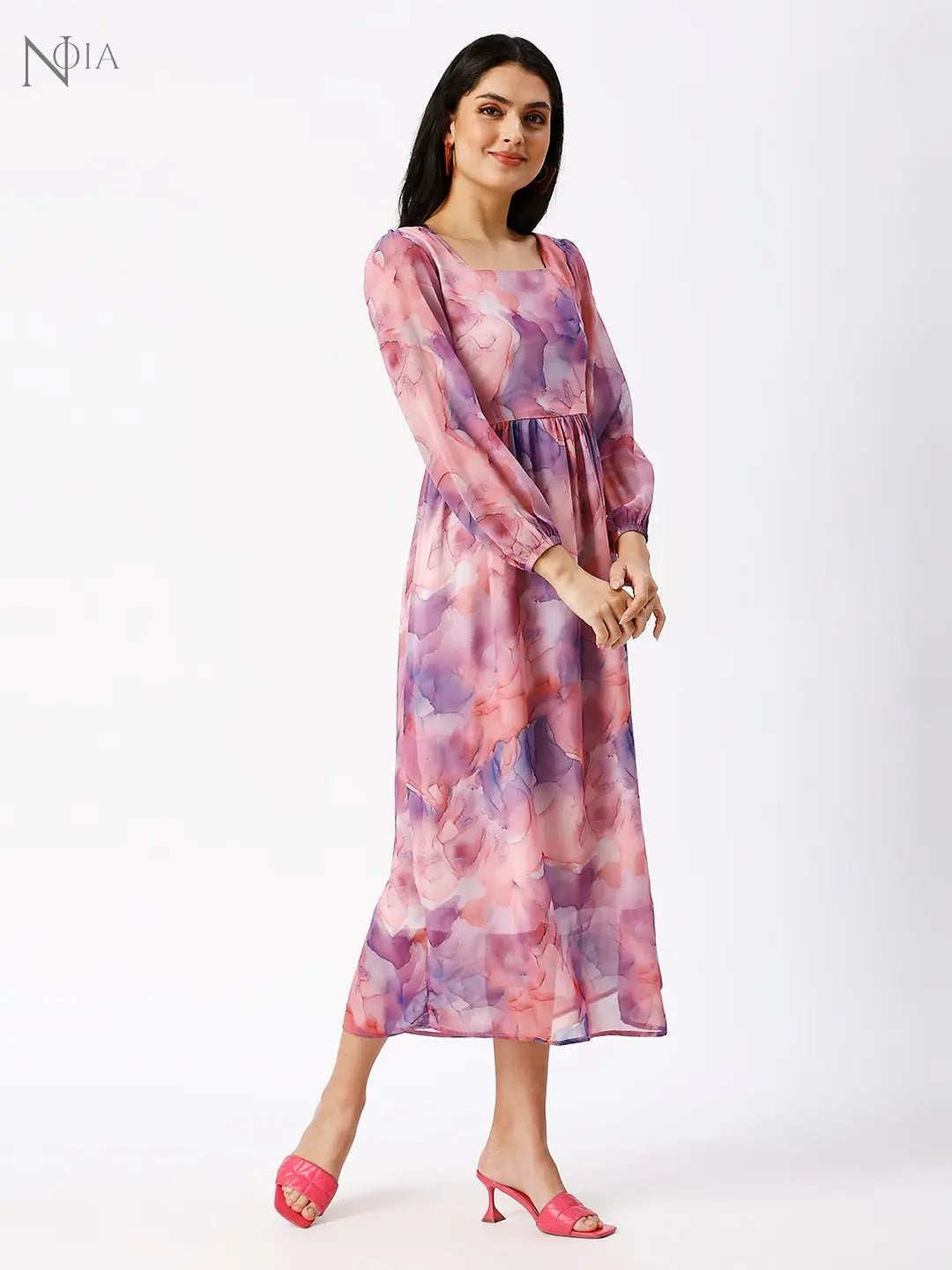 Noia Women Abstact Printed Square Neck Midi Dress Noia