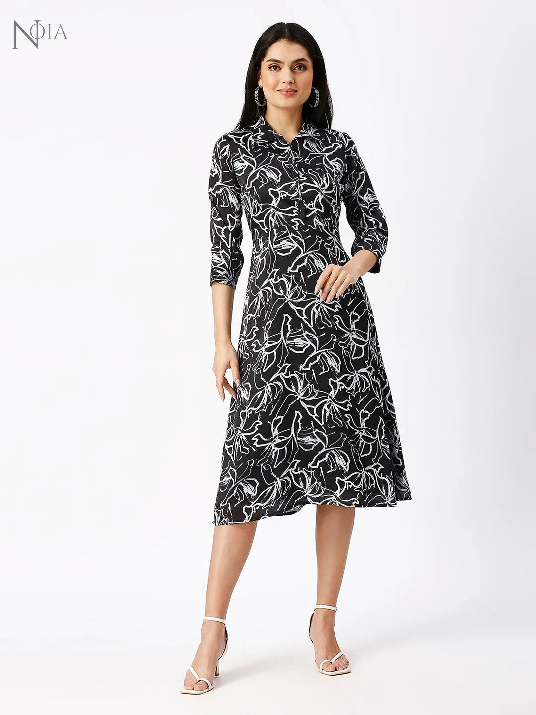 Noia Women Abstract Black Floral Midi Dress Noia