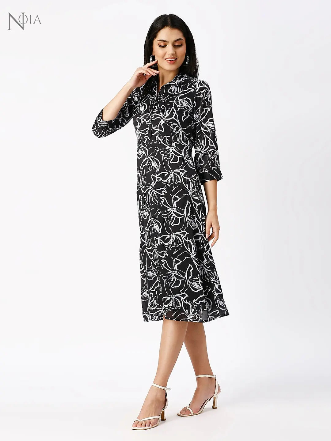 Noia Women Abstract Black Floral Midi Dress Noia