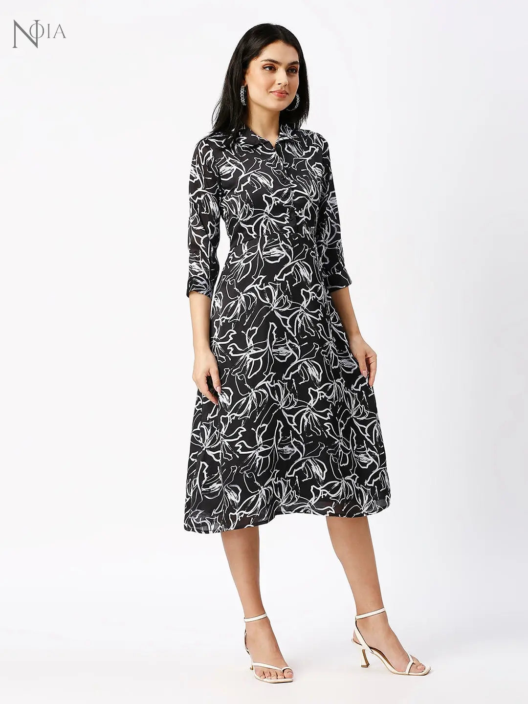Noia Women Abstract Black Floral Midi Dress Noia