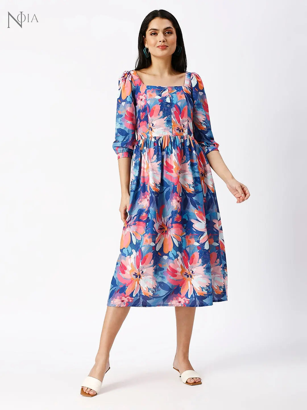 Noia Women Abstract Blue Floral Midi Dress Noia