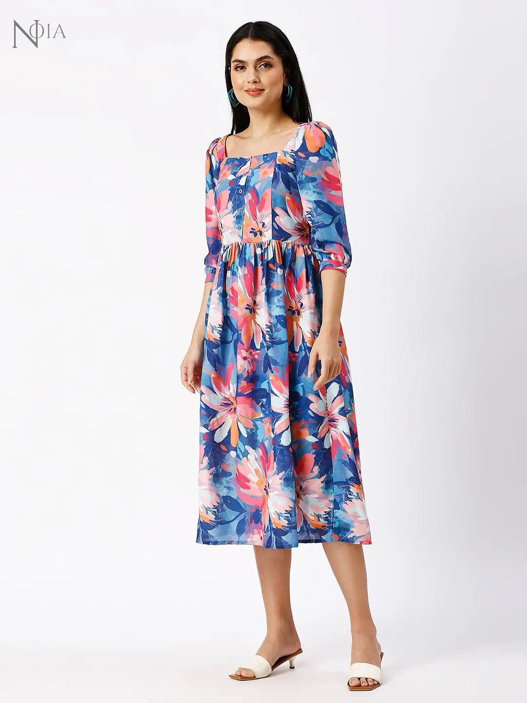 Noia Women Abstract Blue Floral Midi Dress Noia