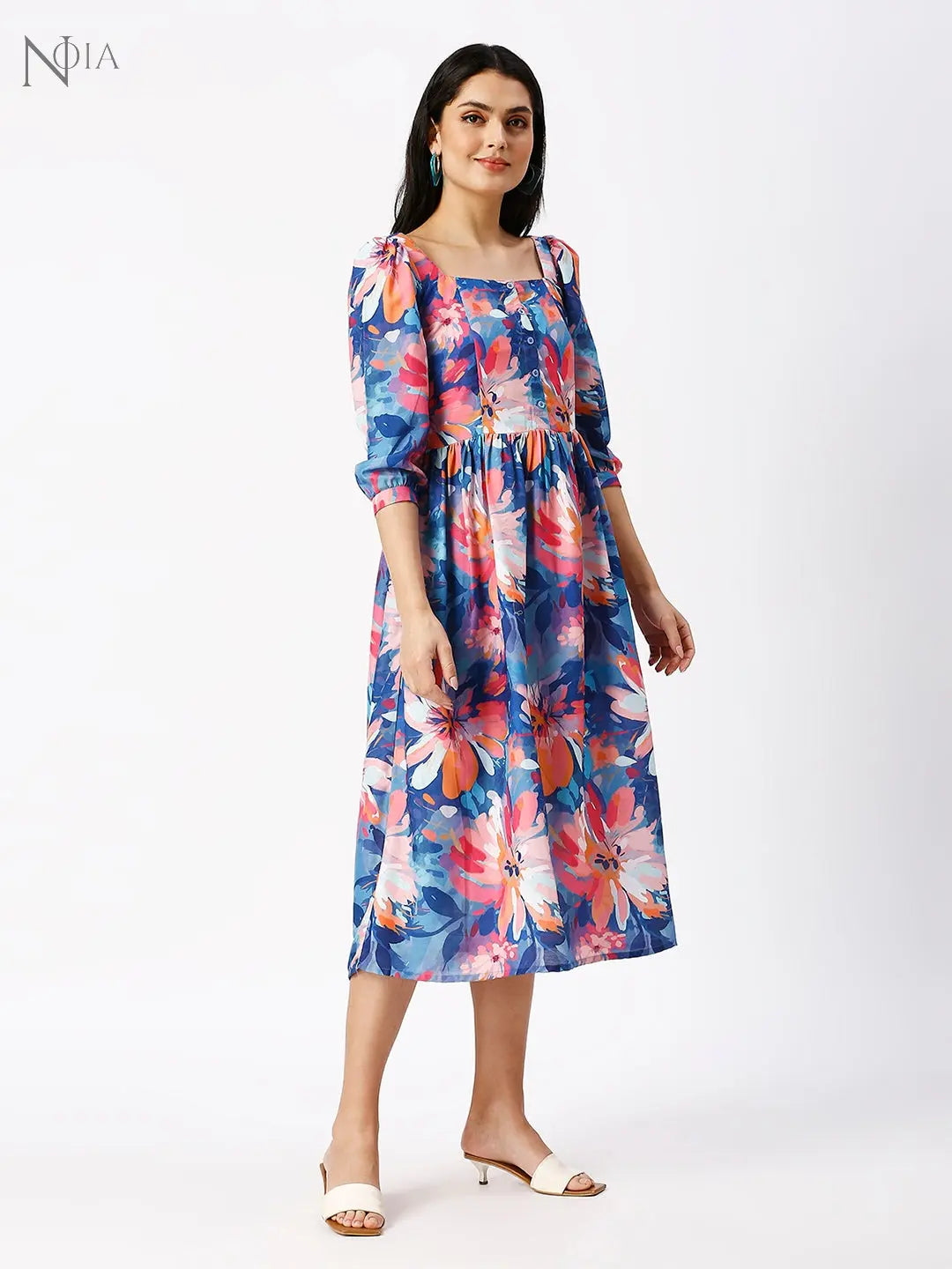 Noia Women Abstract Blue Floral Midi Dress Noia