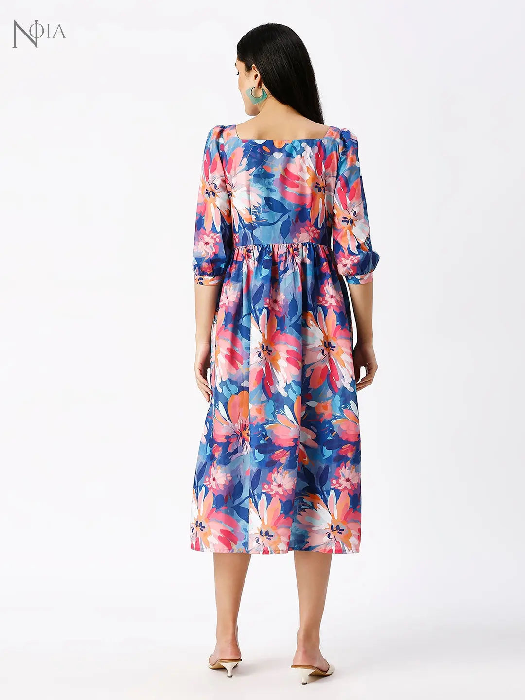 Noia Women Abstract Blue Floral Midi Dress Noia