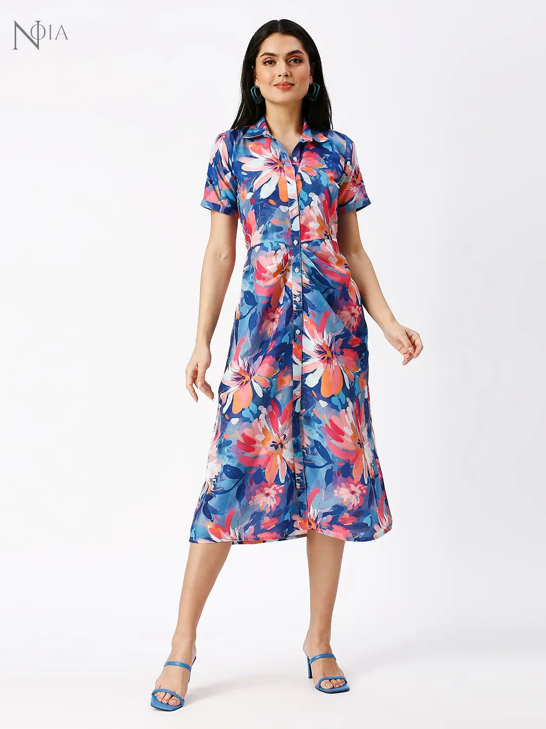 Noia Women Abstract Blue Gathered Shirt Dress Noia