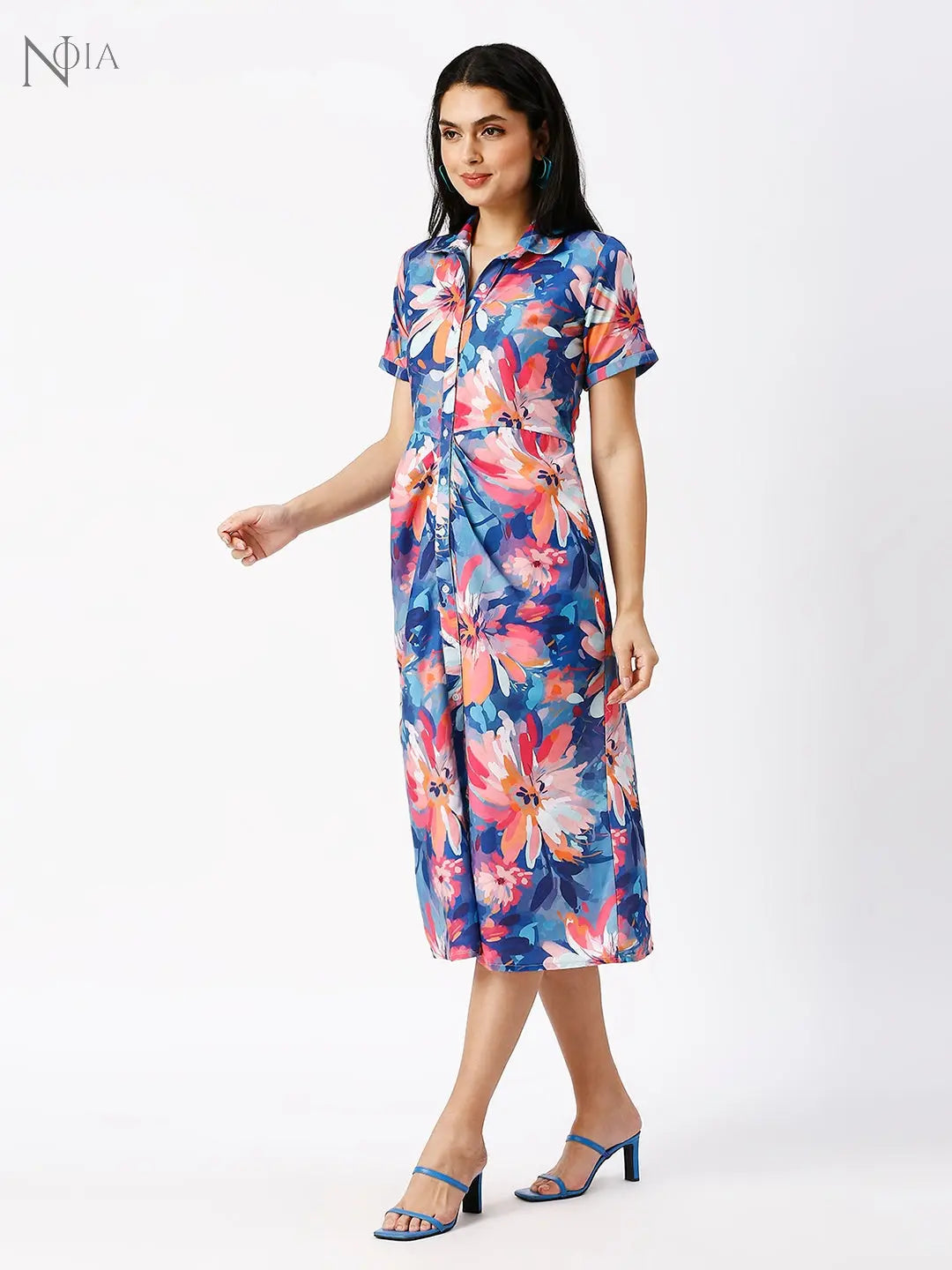 Noia Women Abstract Blue Gathered Shirt Dress Noia