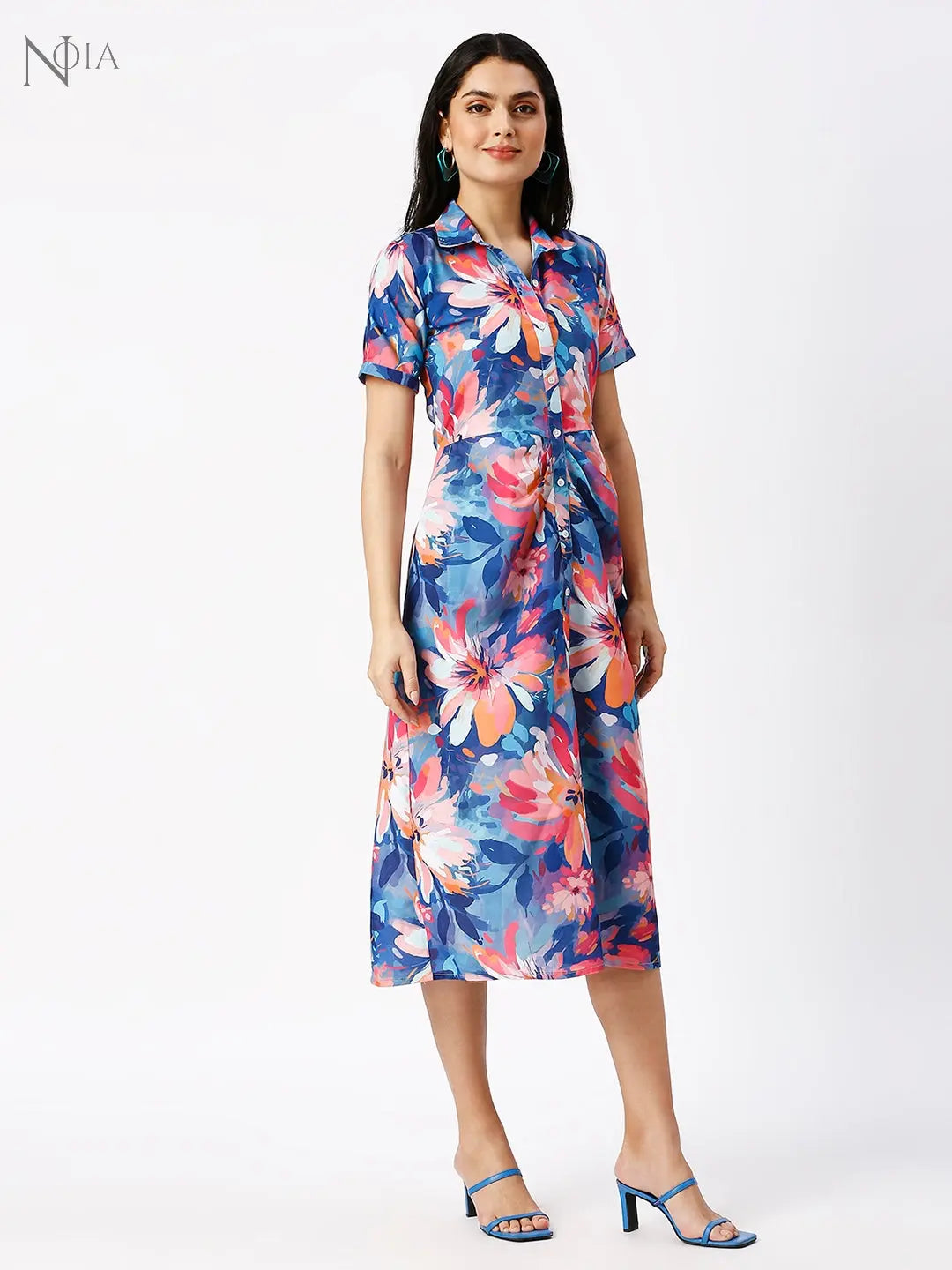Noia Women Abstract Blue Gathered Shirt Dress Noia