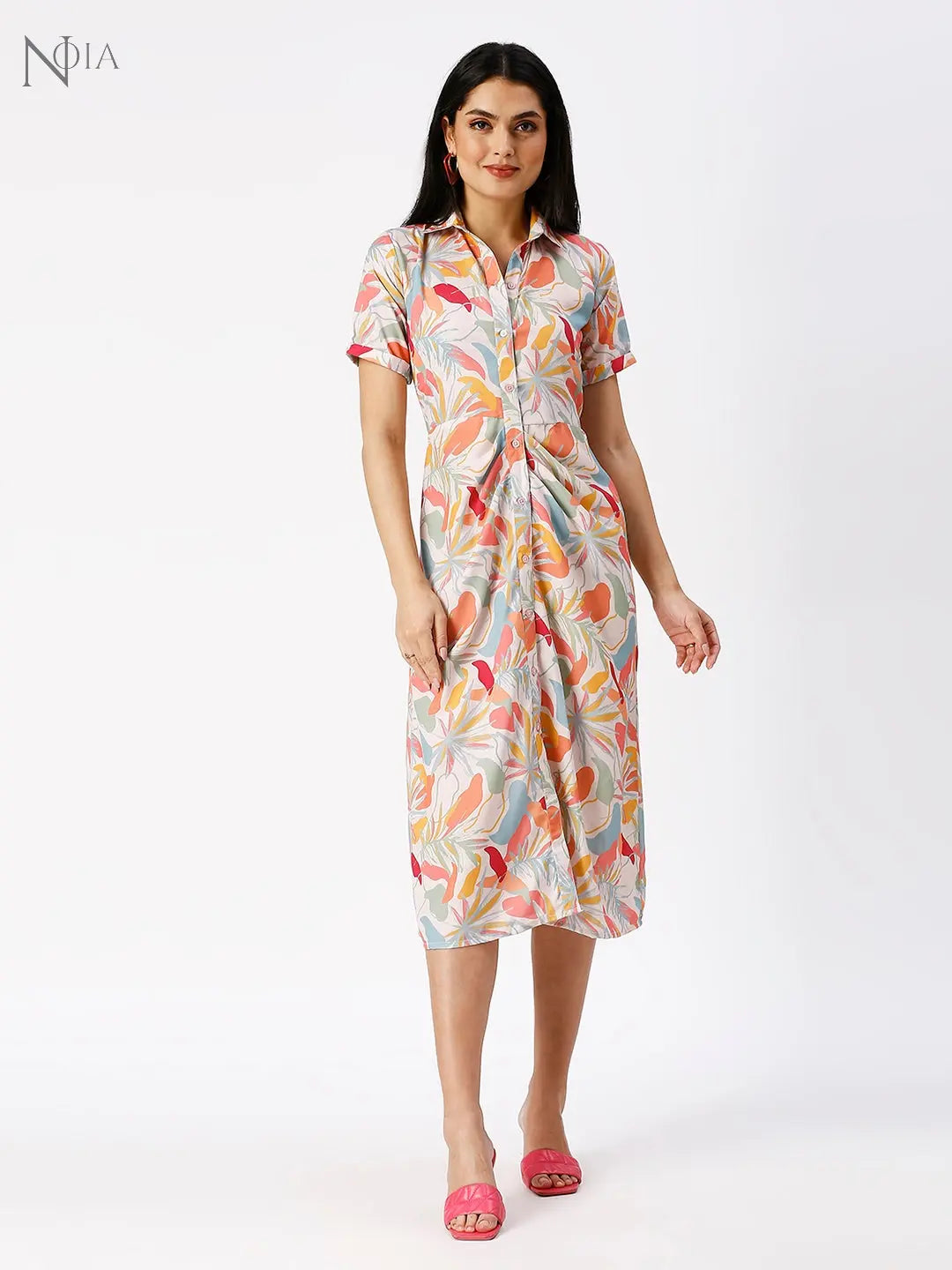 Noia Women Abstract Floral Gathered Shirt Dress Noia