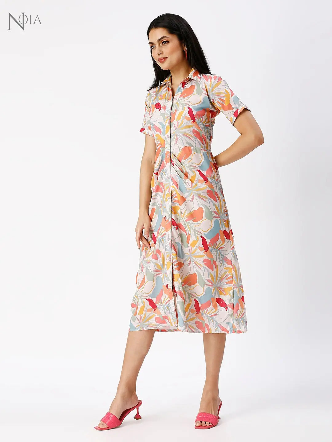 Noia Women Abstract Floral Gathered Shirt Dress Noia