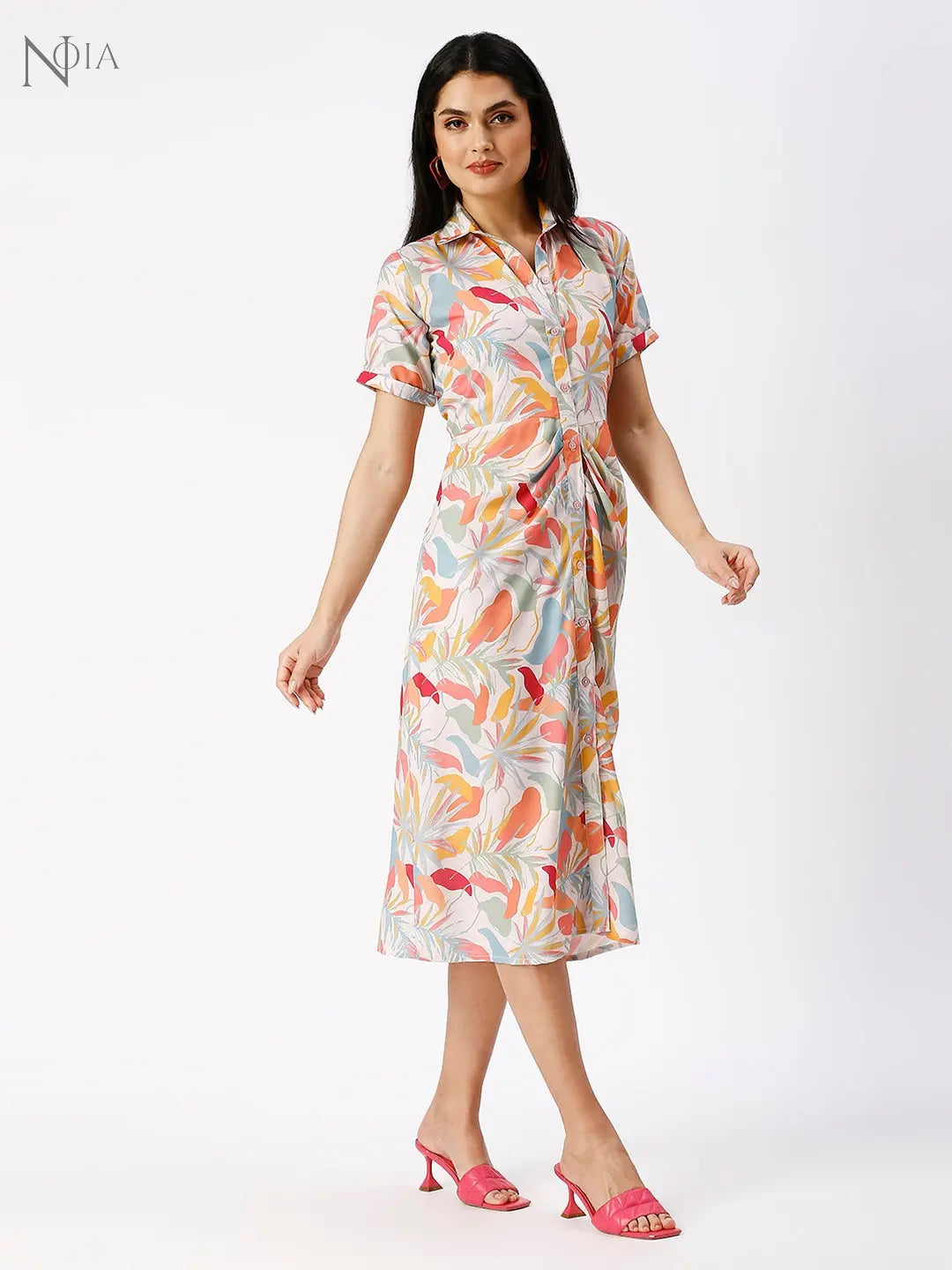 Noia Women Abstract Floral Gathered Shirt Dress Noia