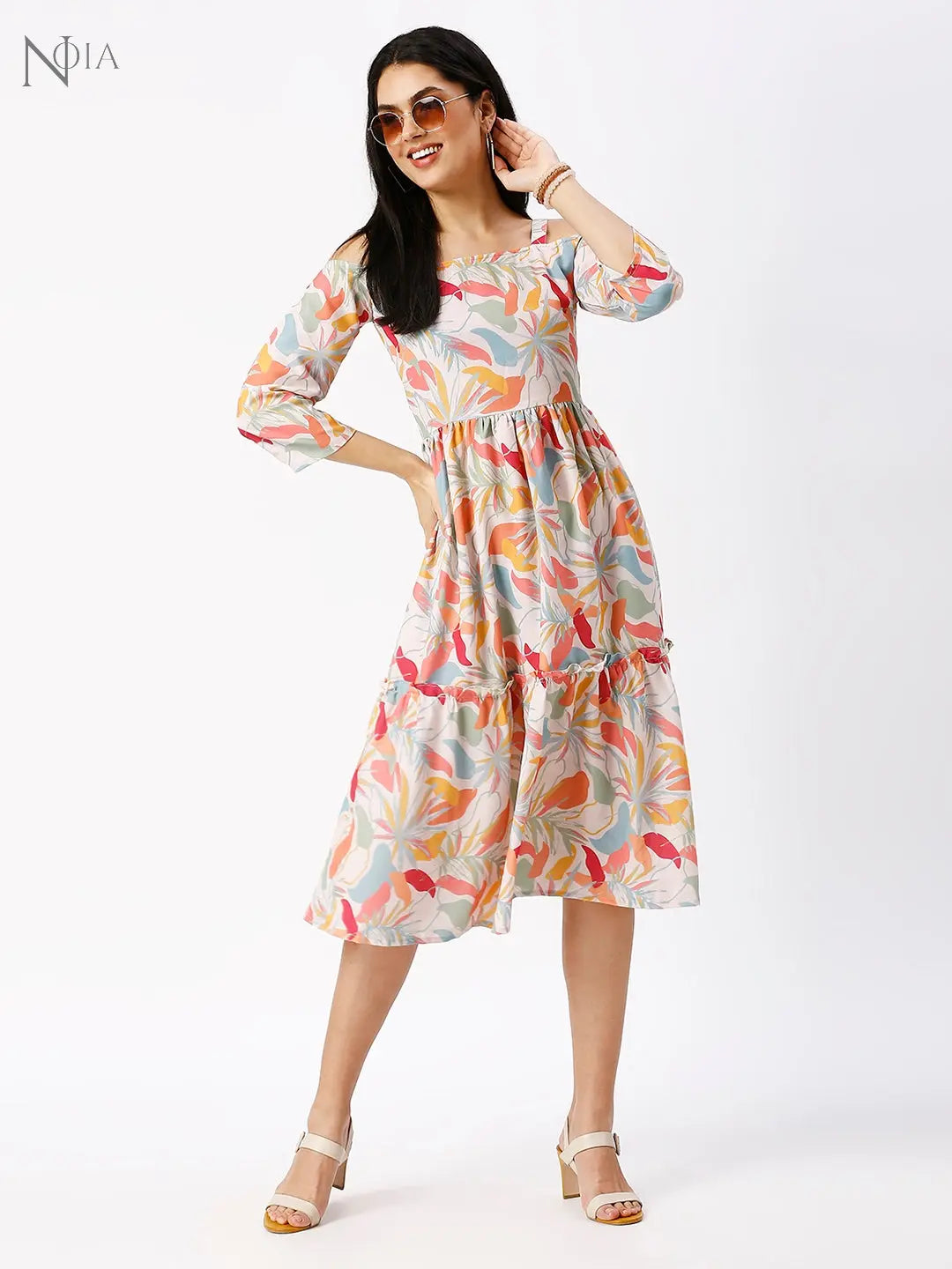 Noia Women Abstract Floral Off-Shoulder Midi Dress Noia