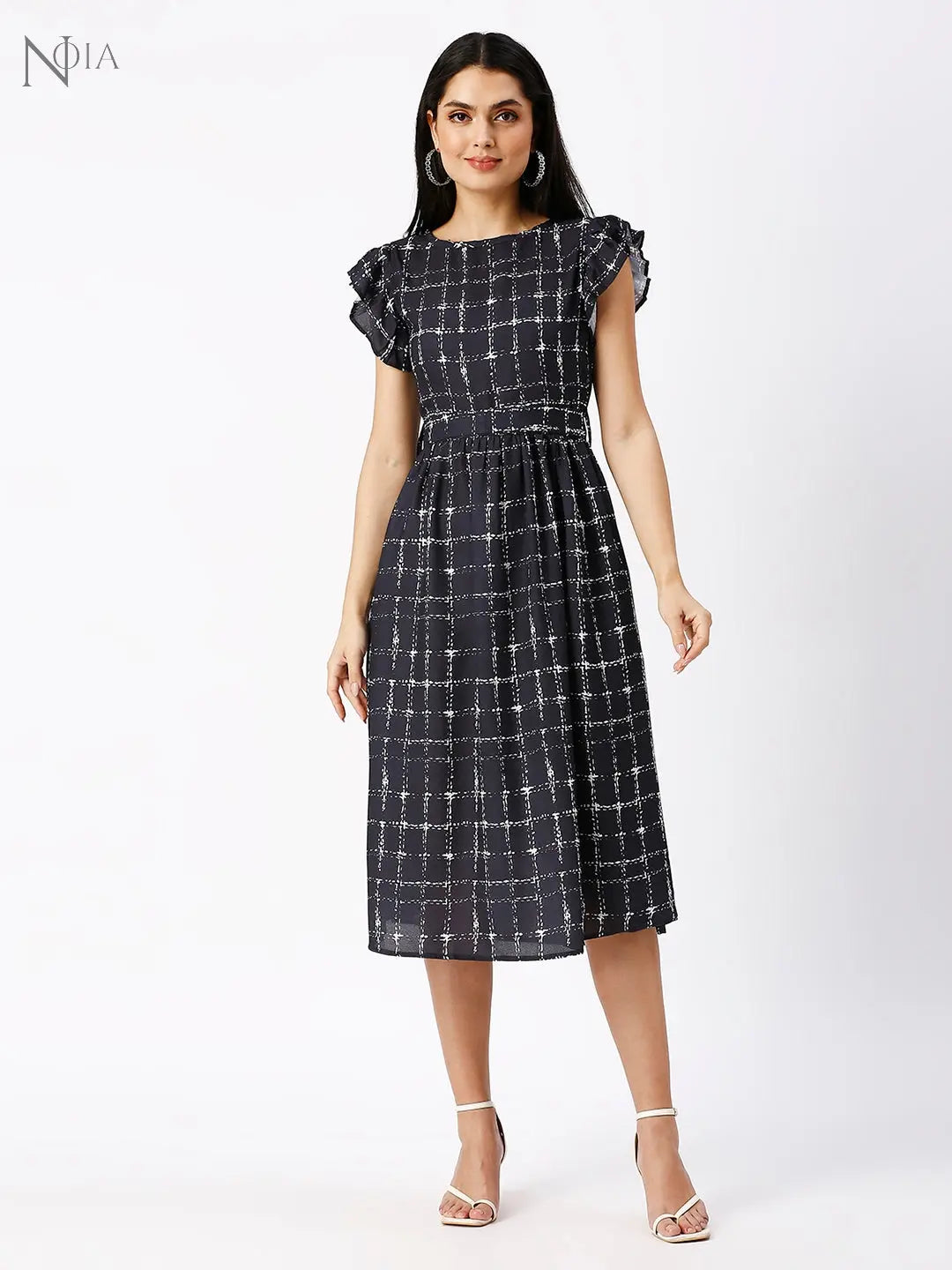 Noia Women Black and White Checkered Flared Midi Dress Noia