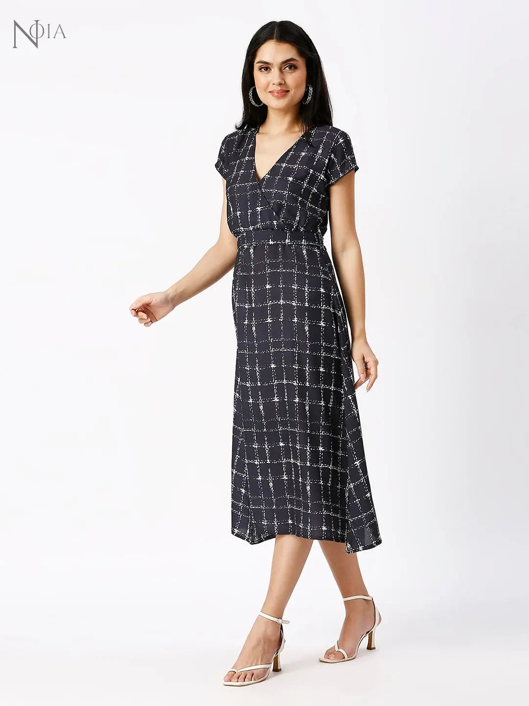 Noia Women Black and White Checkered Midi Dress Noia
