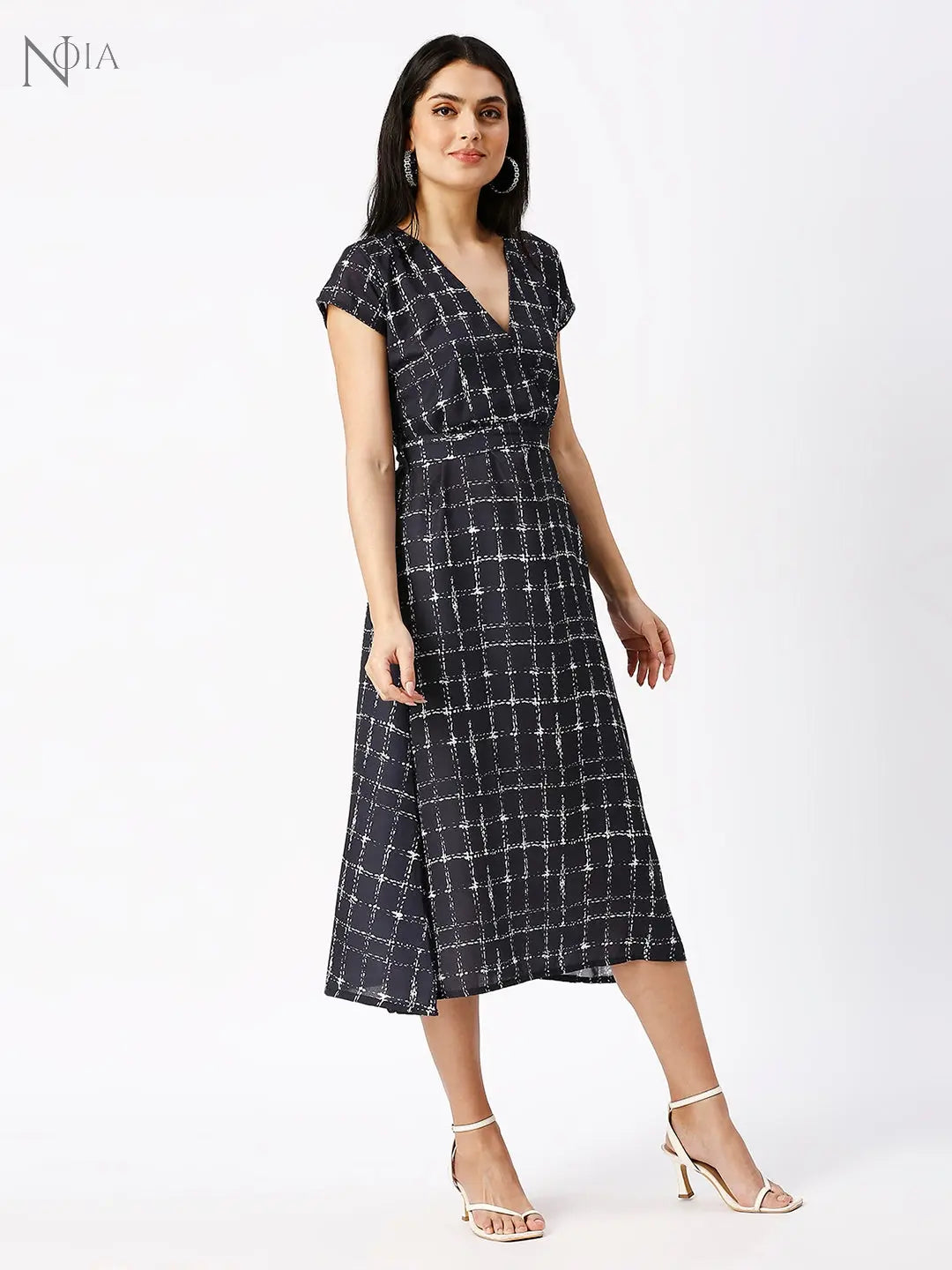 Noia Women Black and White Checkered Midi Dress Noia