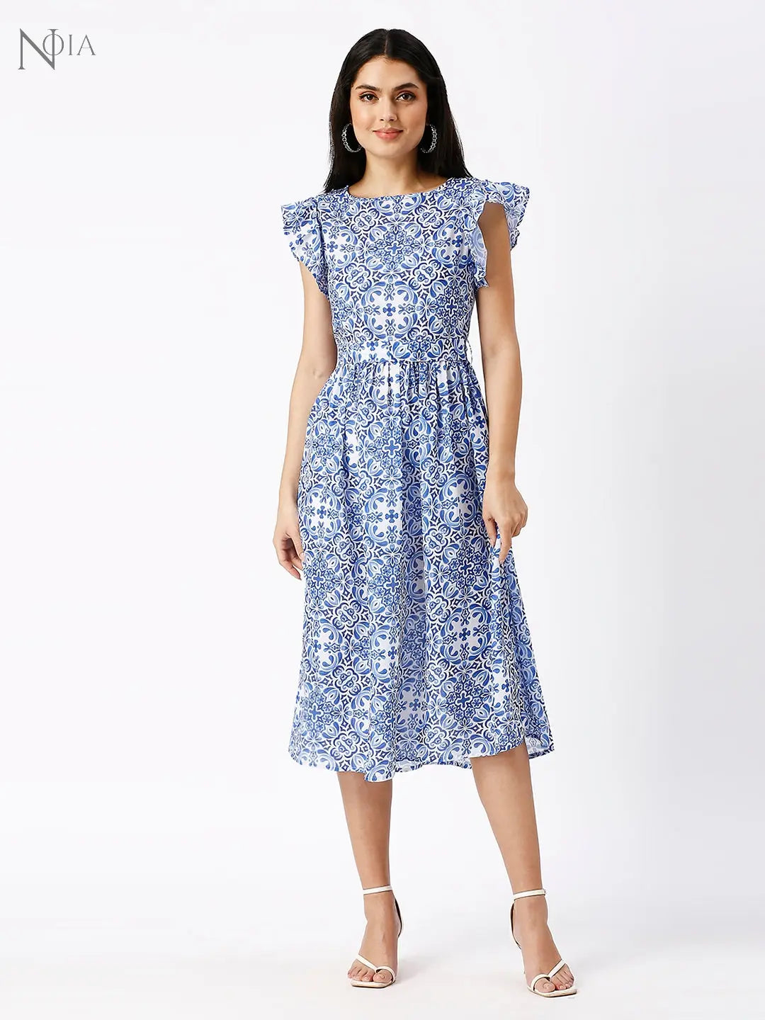 Noia Women Blu and White Floral Flared Sleeves Midi Dress Noia
