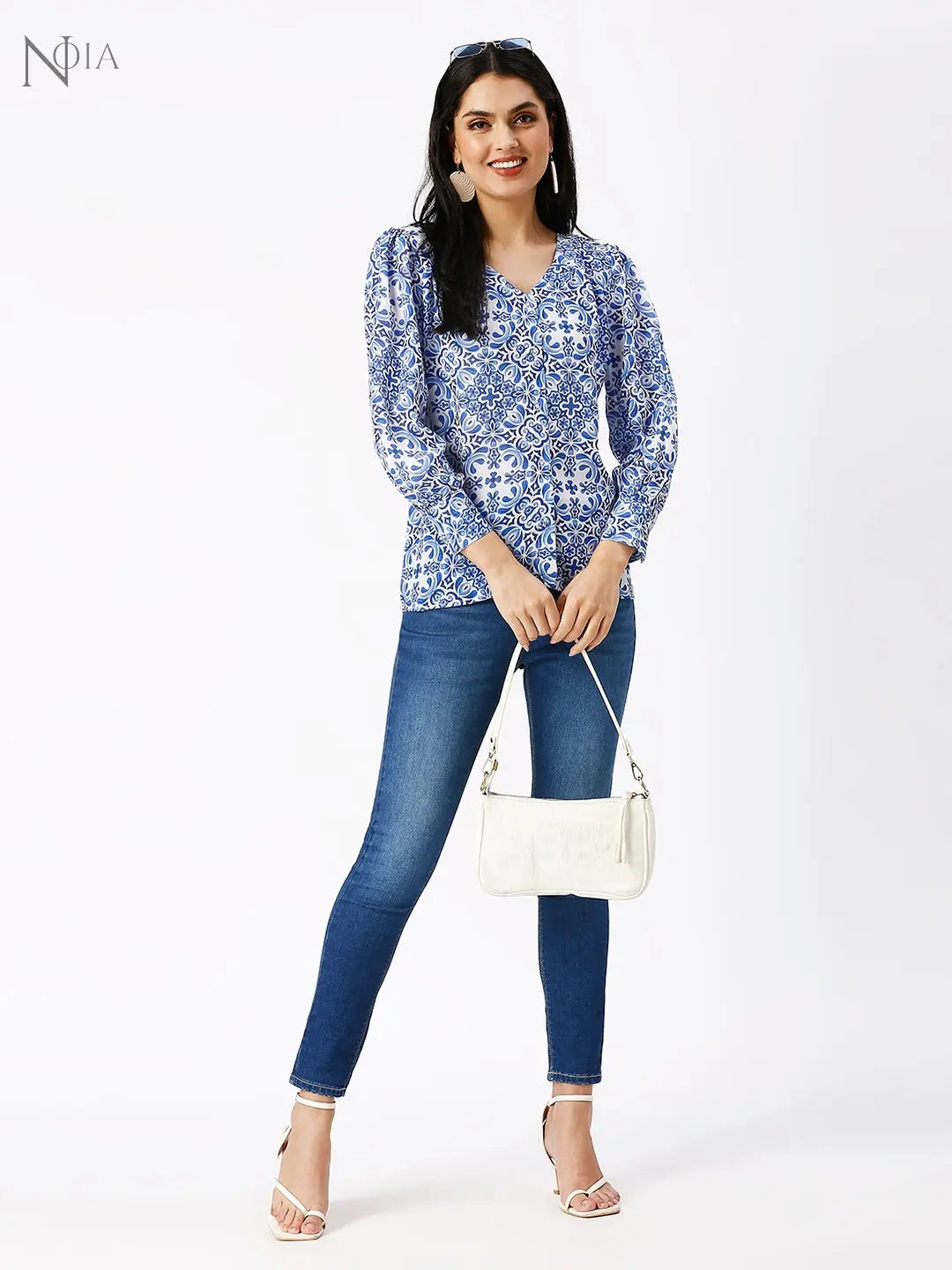 Noia Women Blue and White Floral V-Neck Shirt Noia