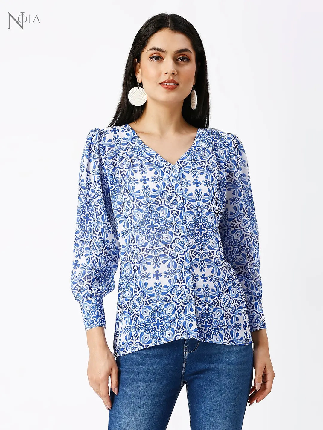 Noia Women Blue and White Floral V-Neck Shirt Noia