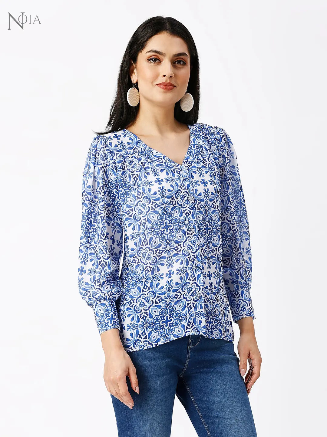 Noia Women Blue and White Floral V-Neck Shirt Noia