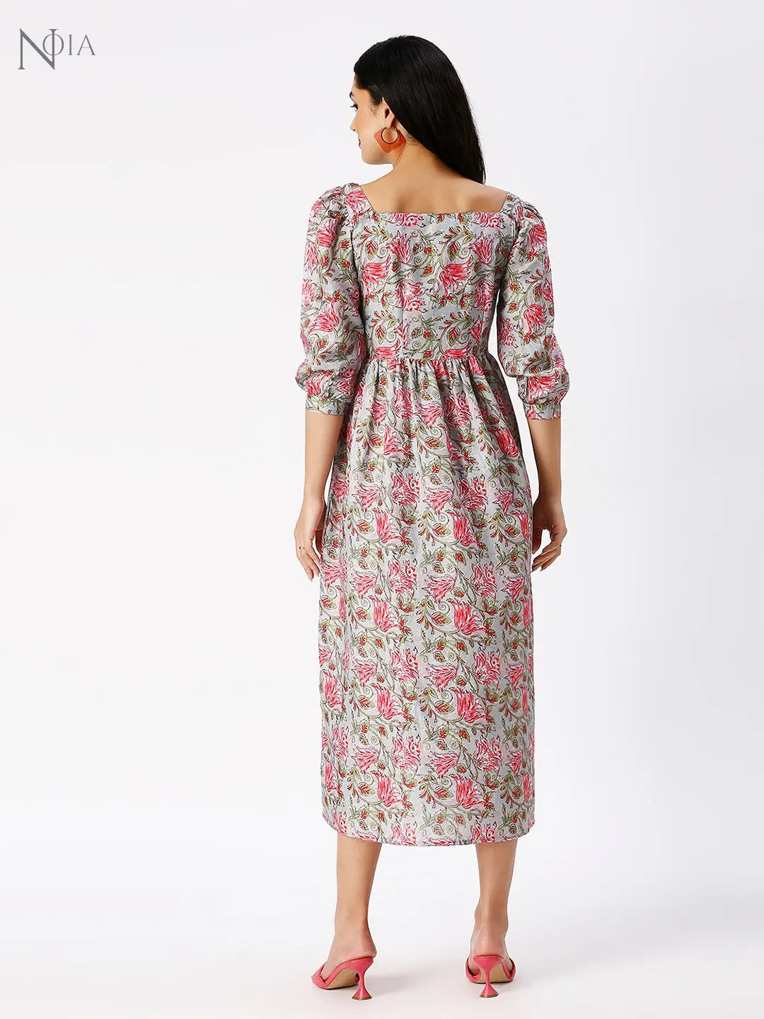 Noia Women Square Neck Ajrak Printed Midi-Dress Noia