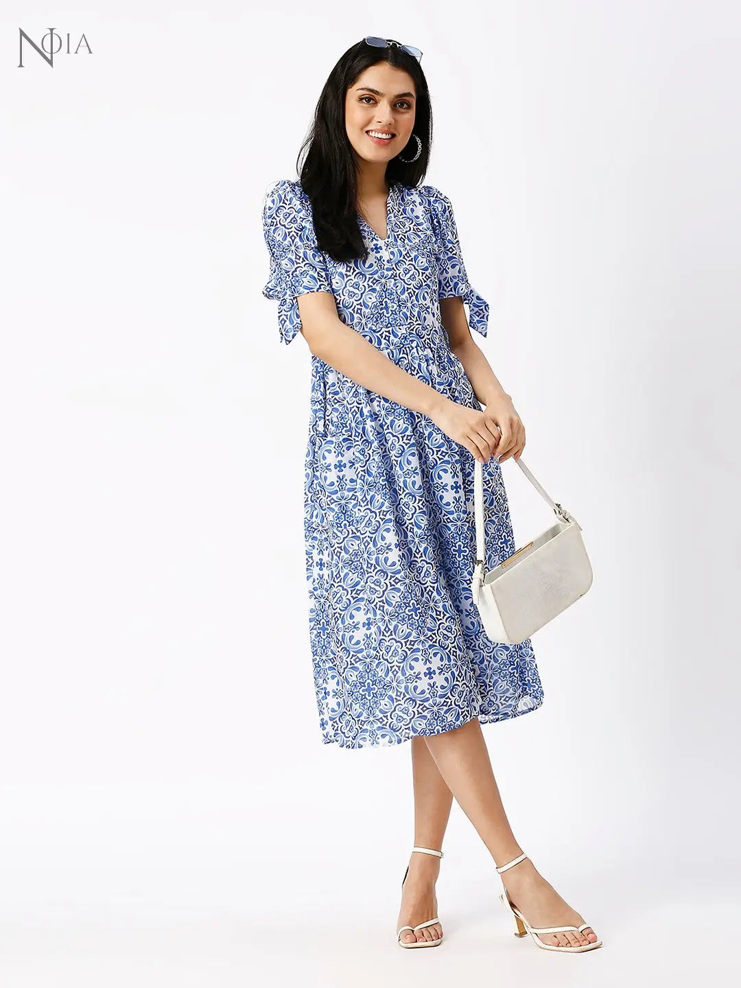Noia Women V-Neck Blue and White Dress Noia