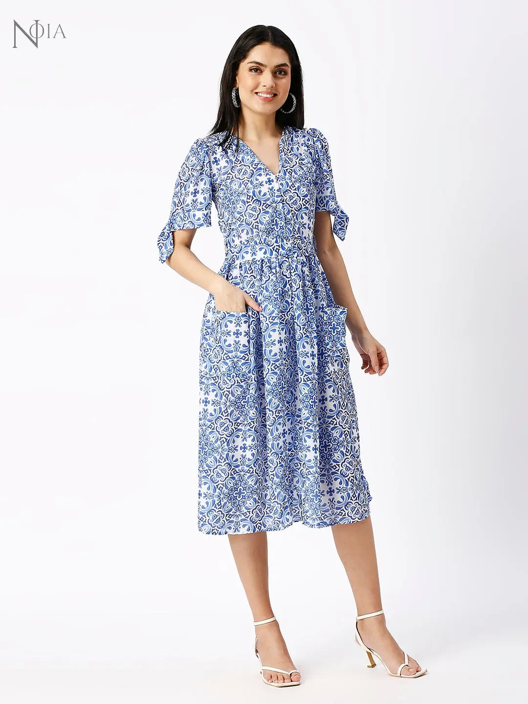 Noia Women V-Neck Blue and White Dress Noia