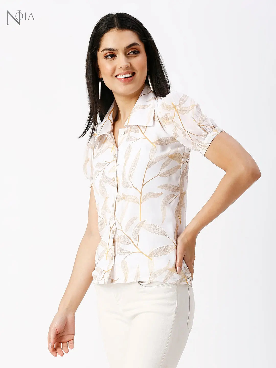 Noia Women White and Gold Floral Short Shirt Noia