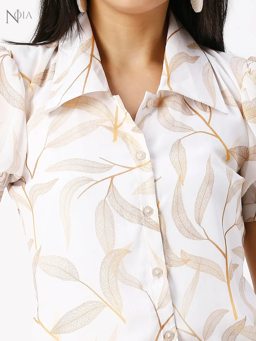Noia Women White and Gold Floral Short Shirt Noia