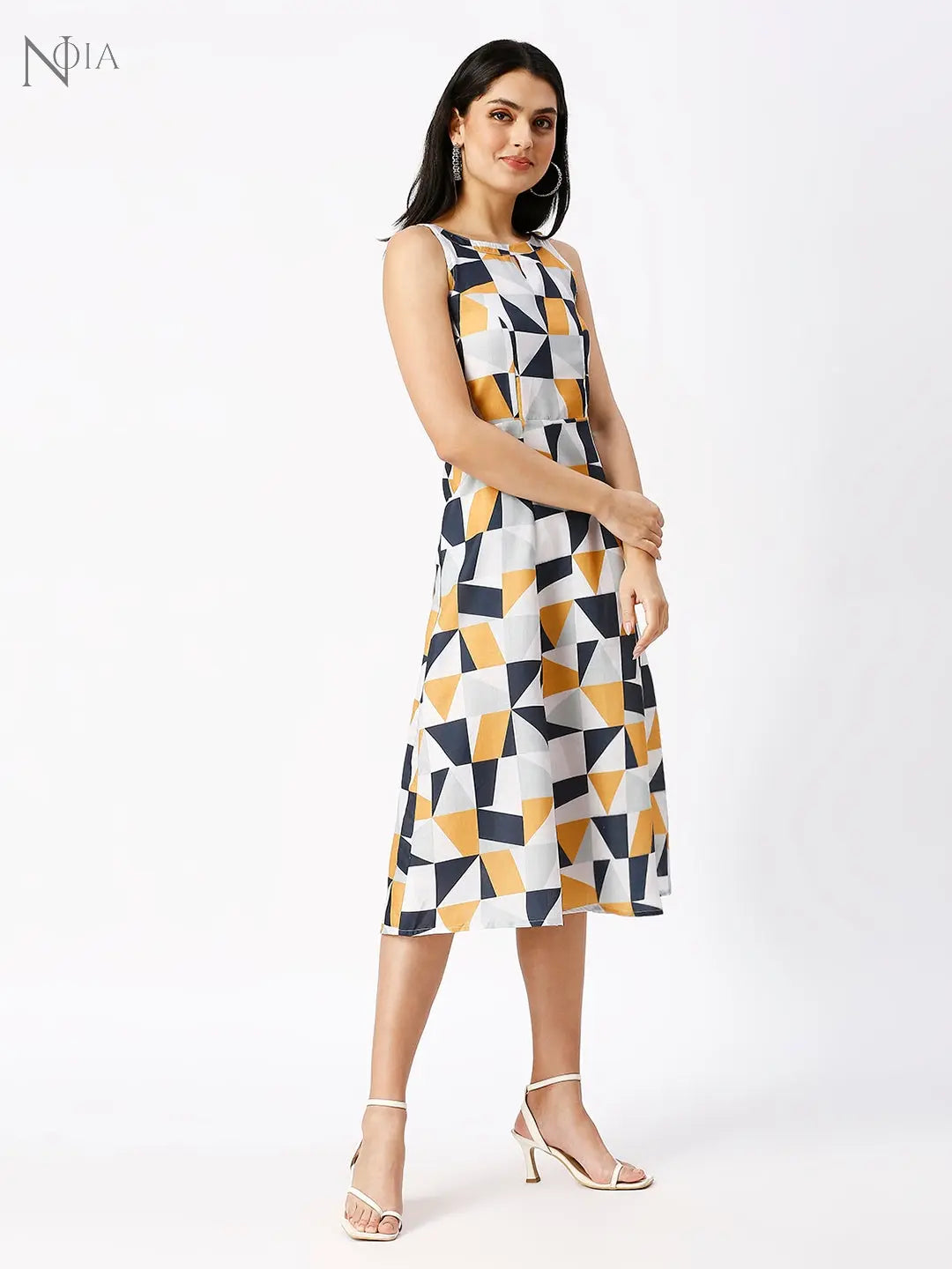 Noia Women White and Multi Geometric Printed Midi Dress Noia