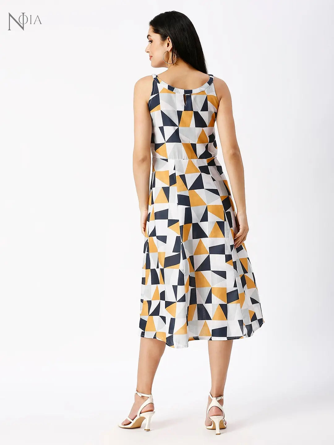 Noia Women White and Multi Geometric Printed Midi Dress Noia