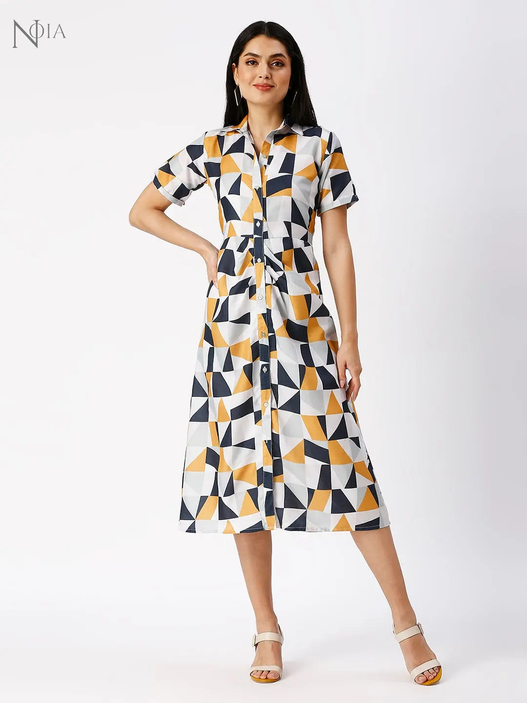 Noia Women Yellow and White Geometric Shirt Dress Noia