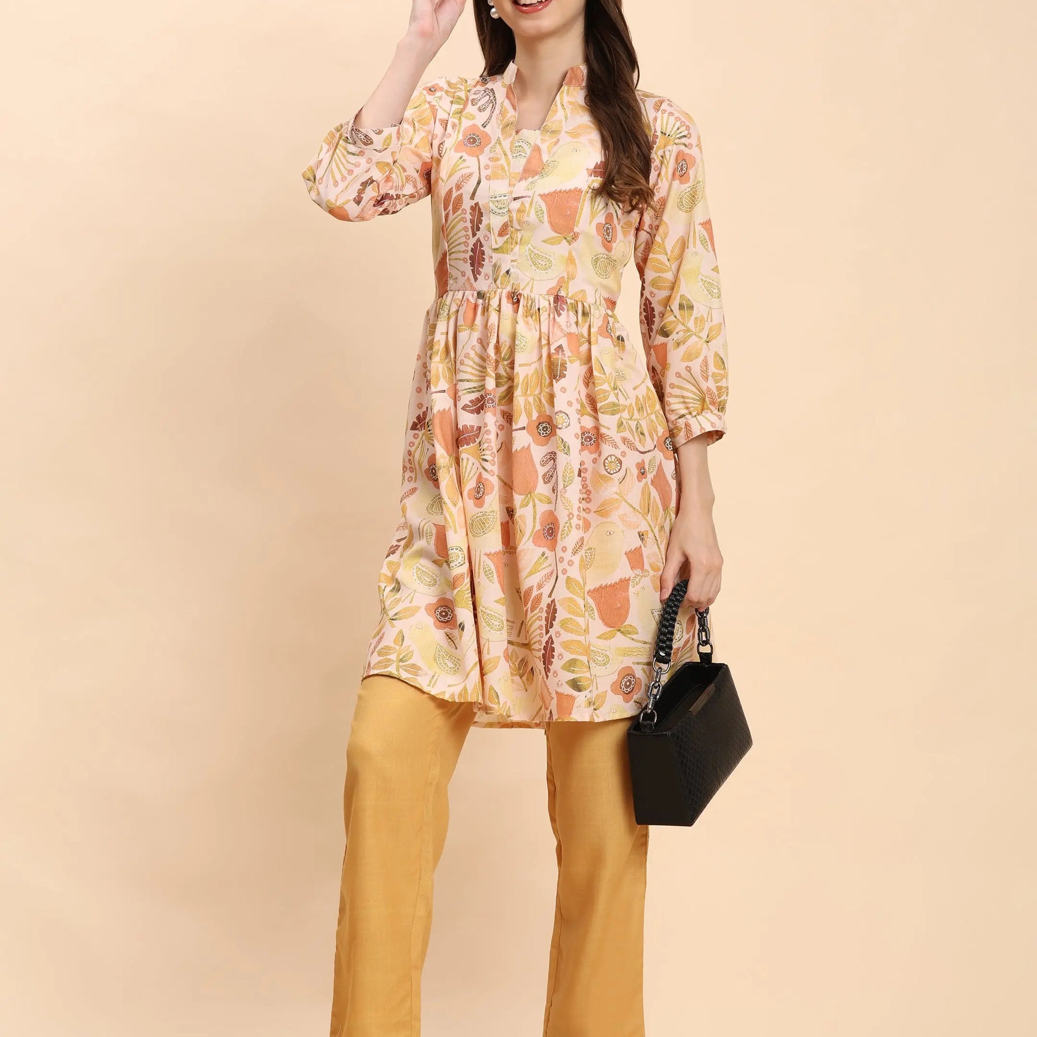 Noia Yellow Multi Abstract Floral Long Sleeved V-Neck Top with Trousers Noia