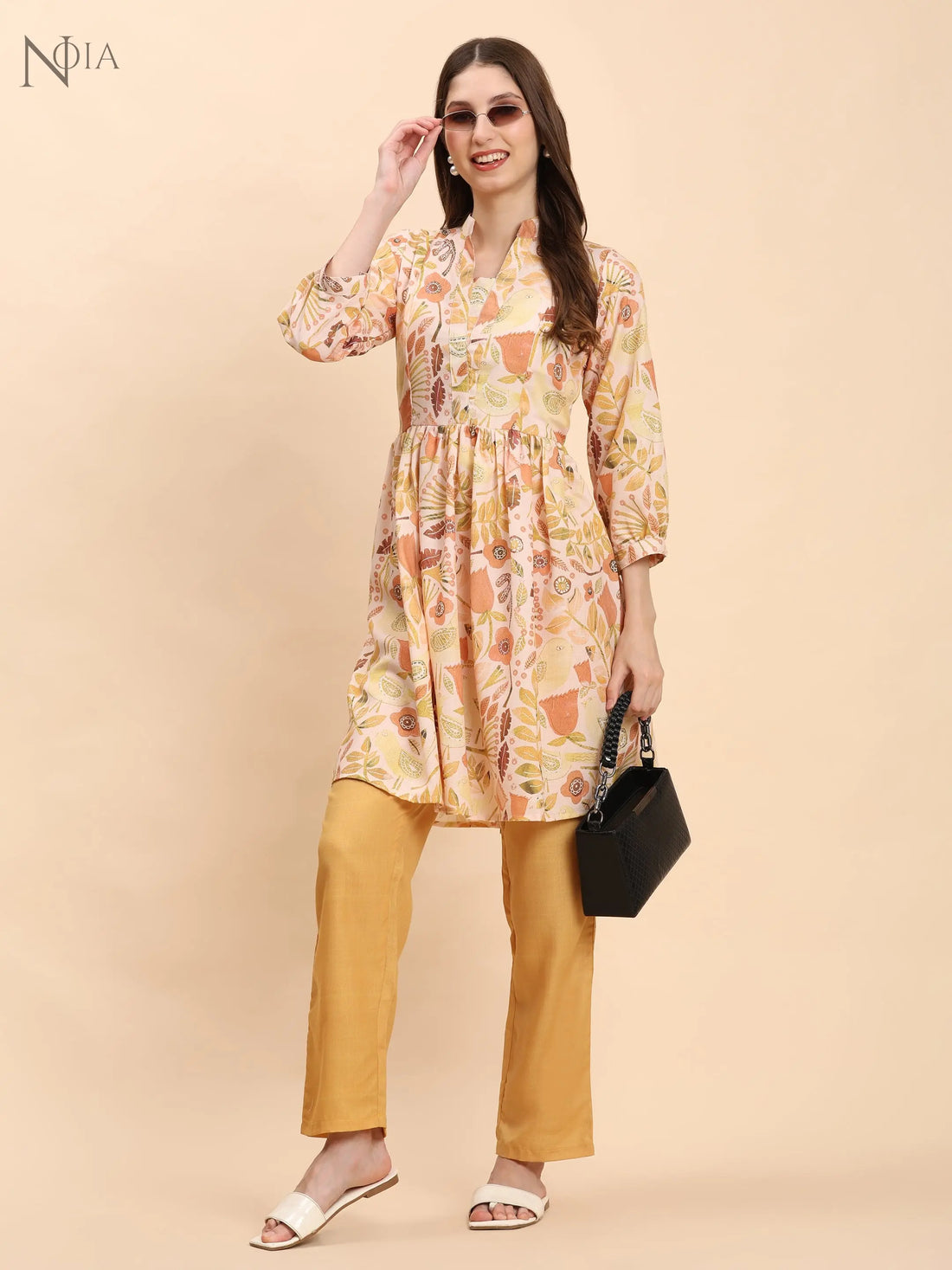 Noia Yellow Multi Abstract Floral Long Sleeved V-Neck Top with Trousers Noia