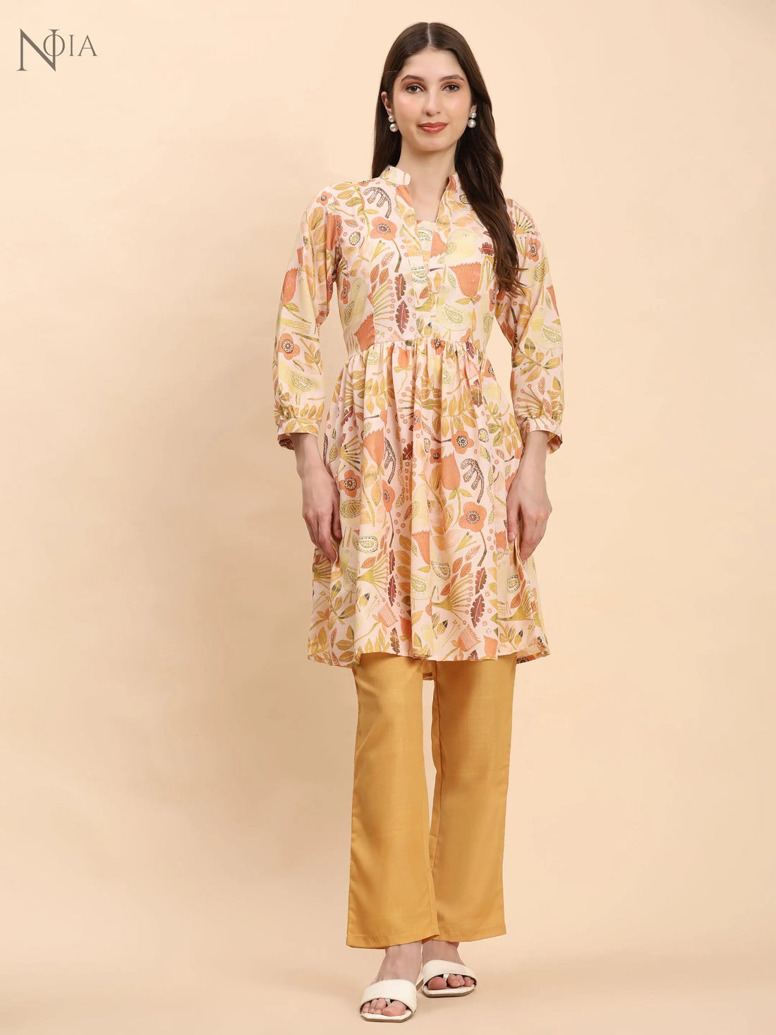 Noia Yellow Multi Abstract Floral Long Sleeved V-Neck Top with Trousers Noia