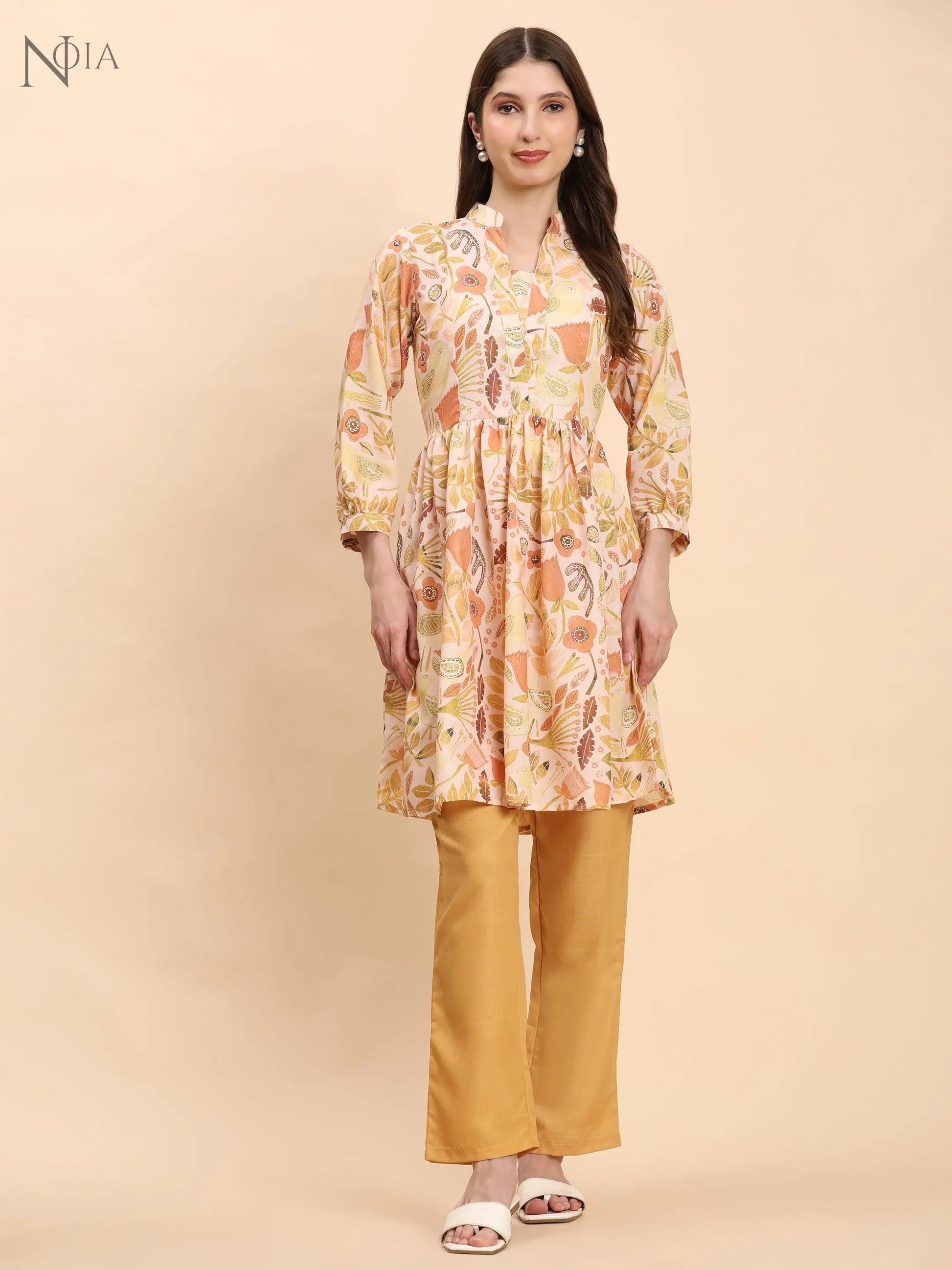 Noia Yellow Multi Abstract Floral Long Sleeved V-Neck Top with Trousers Noia