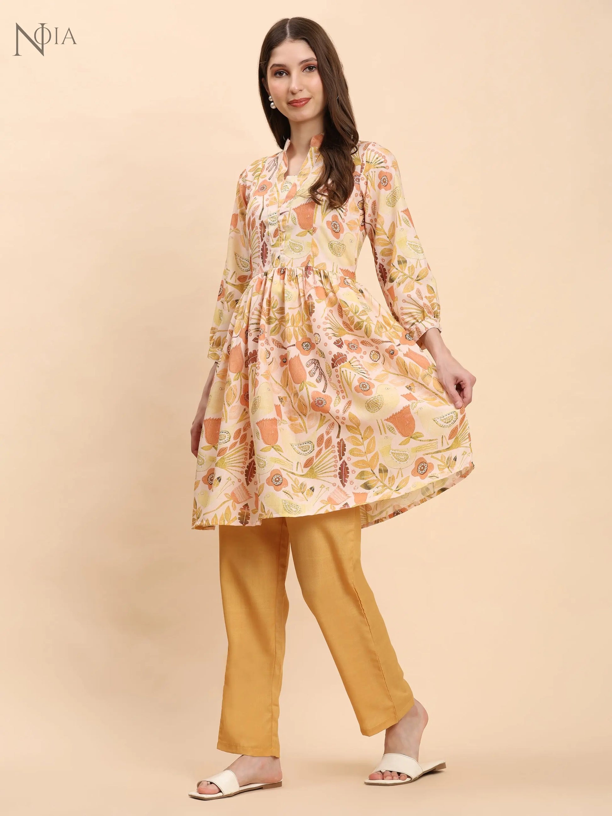 Noia Yellow Multi Abstract Floral Long Sleeved V-Neck Top with Trousers Noia