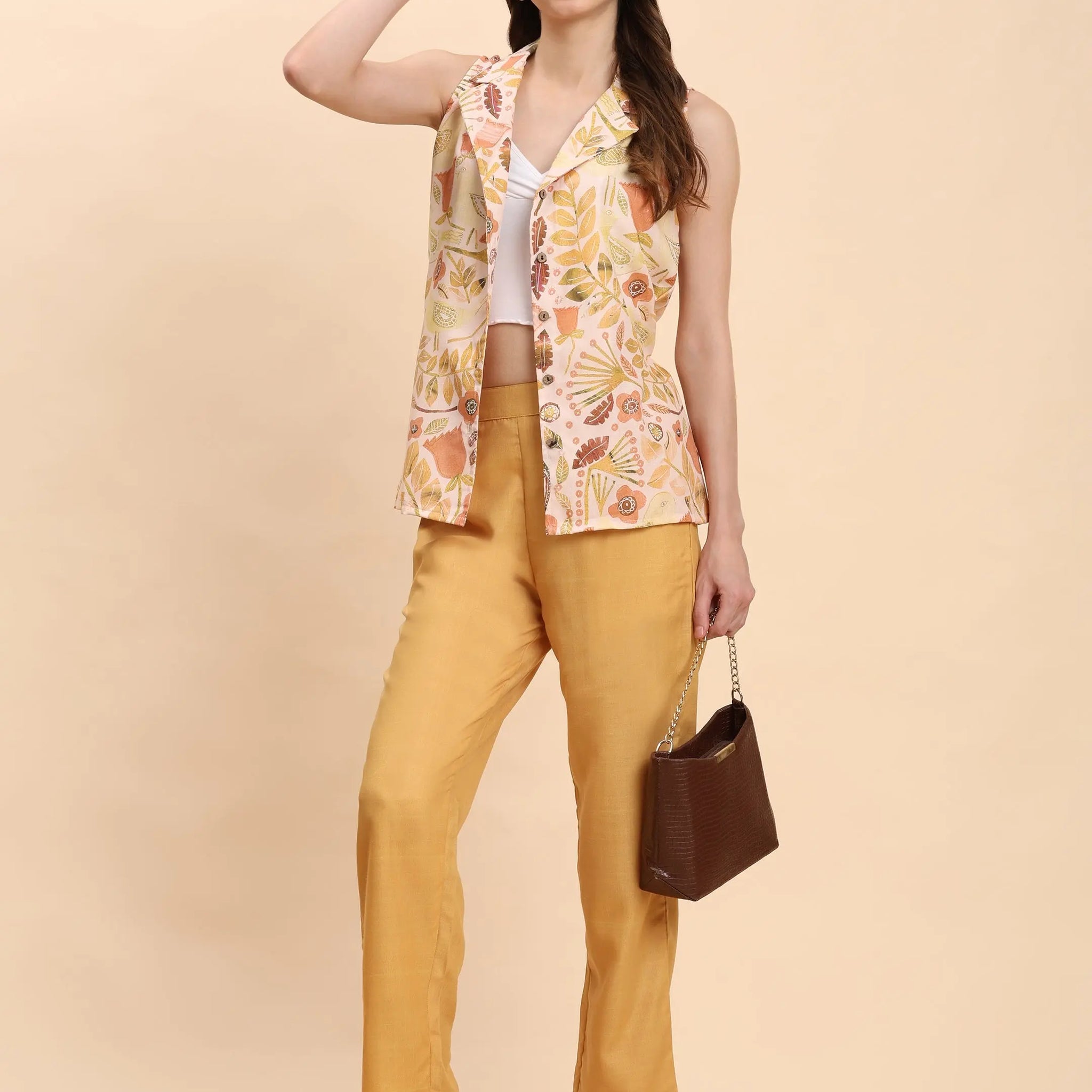 Noia Yellow Multi Abstract Floral Shawl Collared Top with Trousers Noia