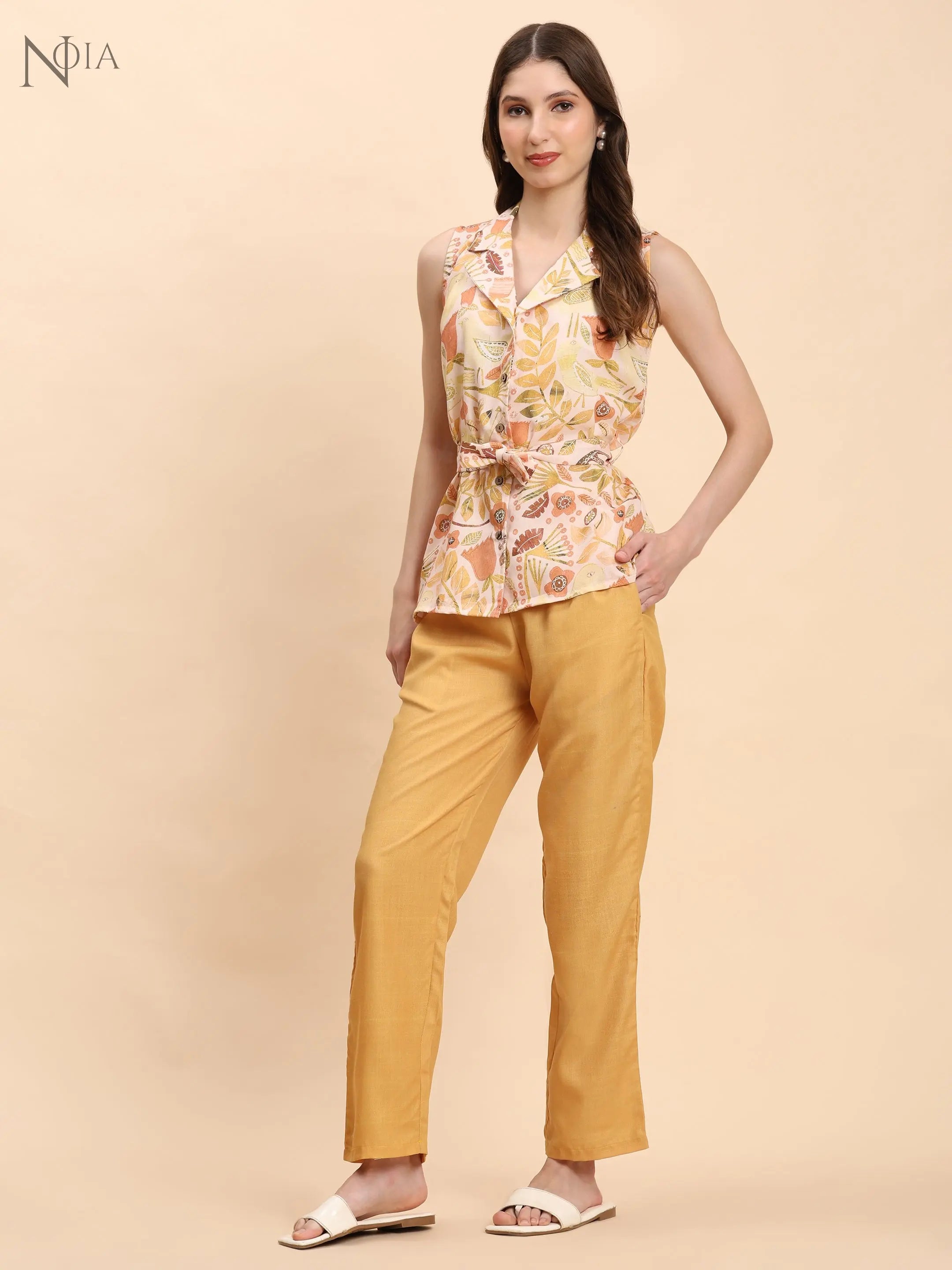 Noia Yellow Multi Abstract Floral Shawl Collared Top with Trousers Noia