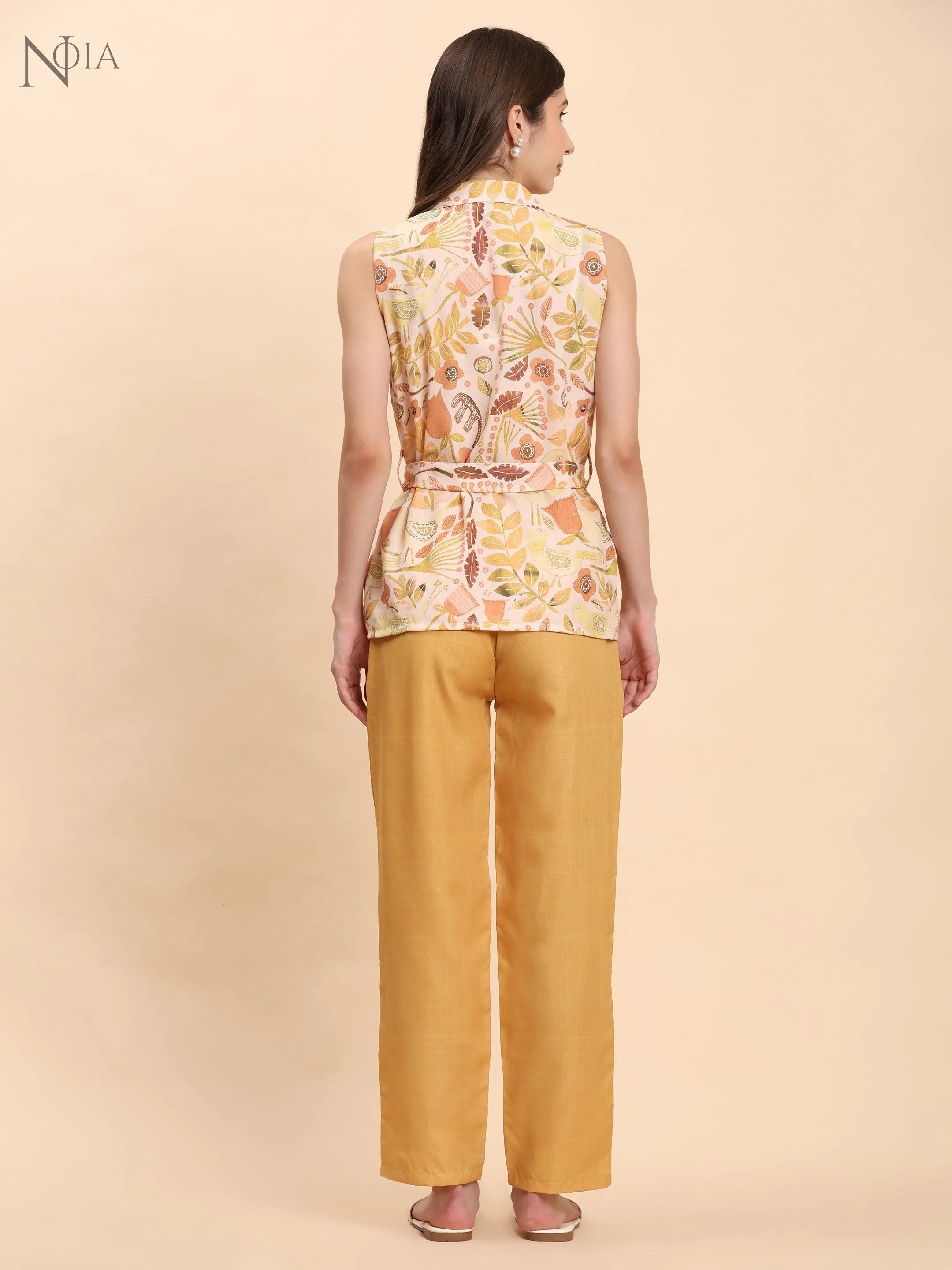 Noia Yellow Multi Abstract Floral Shawl Collared Top with Trousers Noia