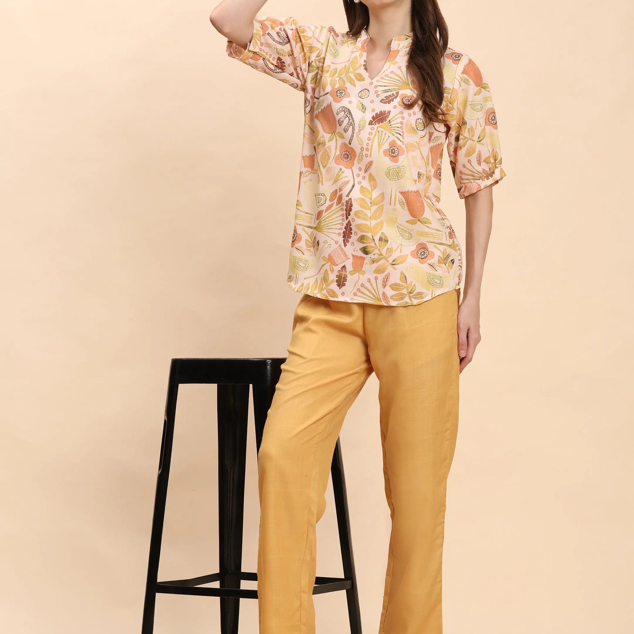 Noia Yellow Multi Abstract Floral Short Sleeve Top with Trousers Noia