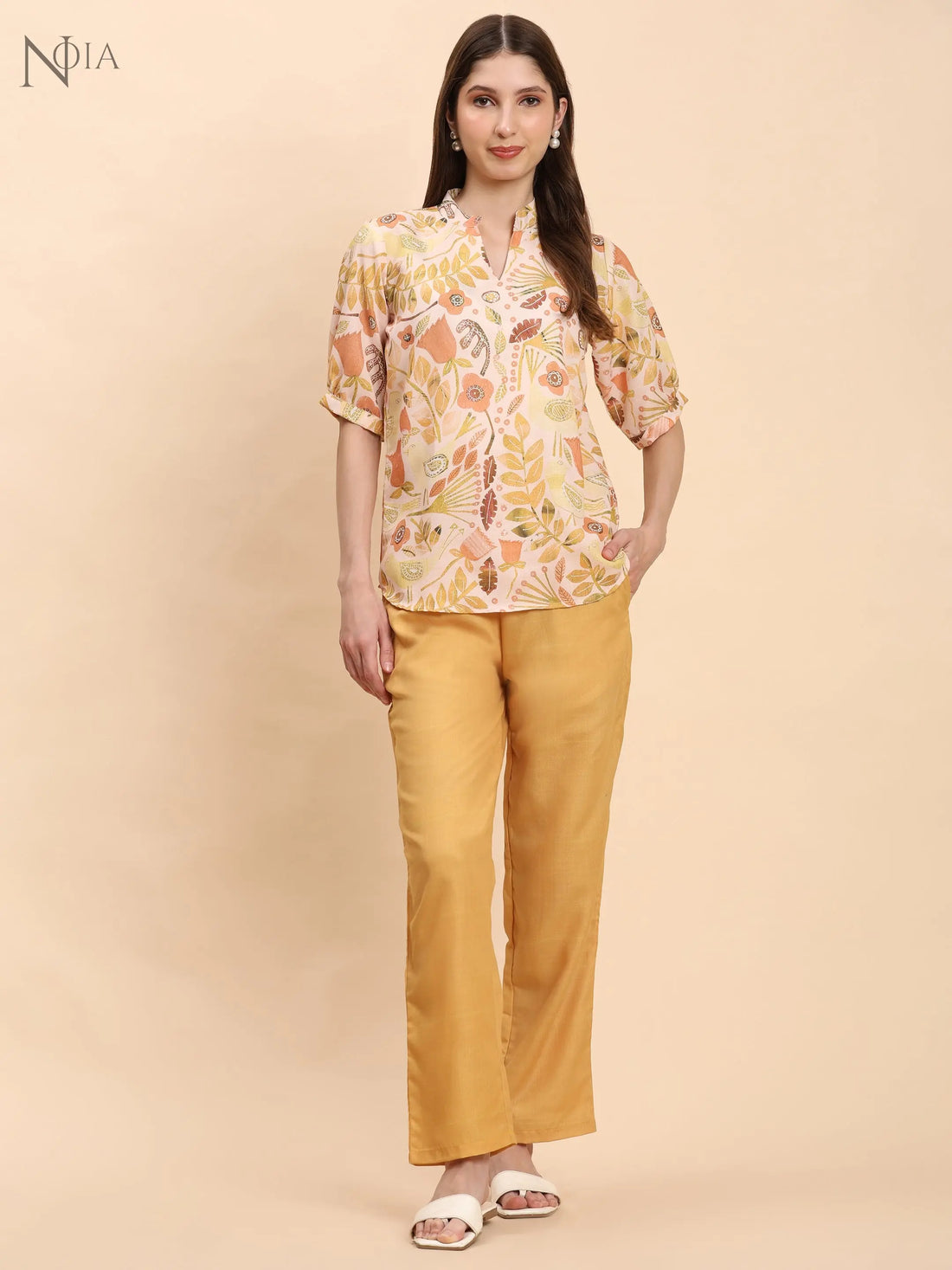 Noia Yellow Multi Abstract Floral Short Sleeve Top with Trousers Noia