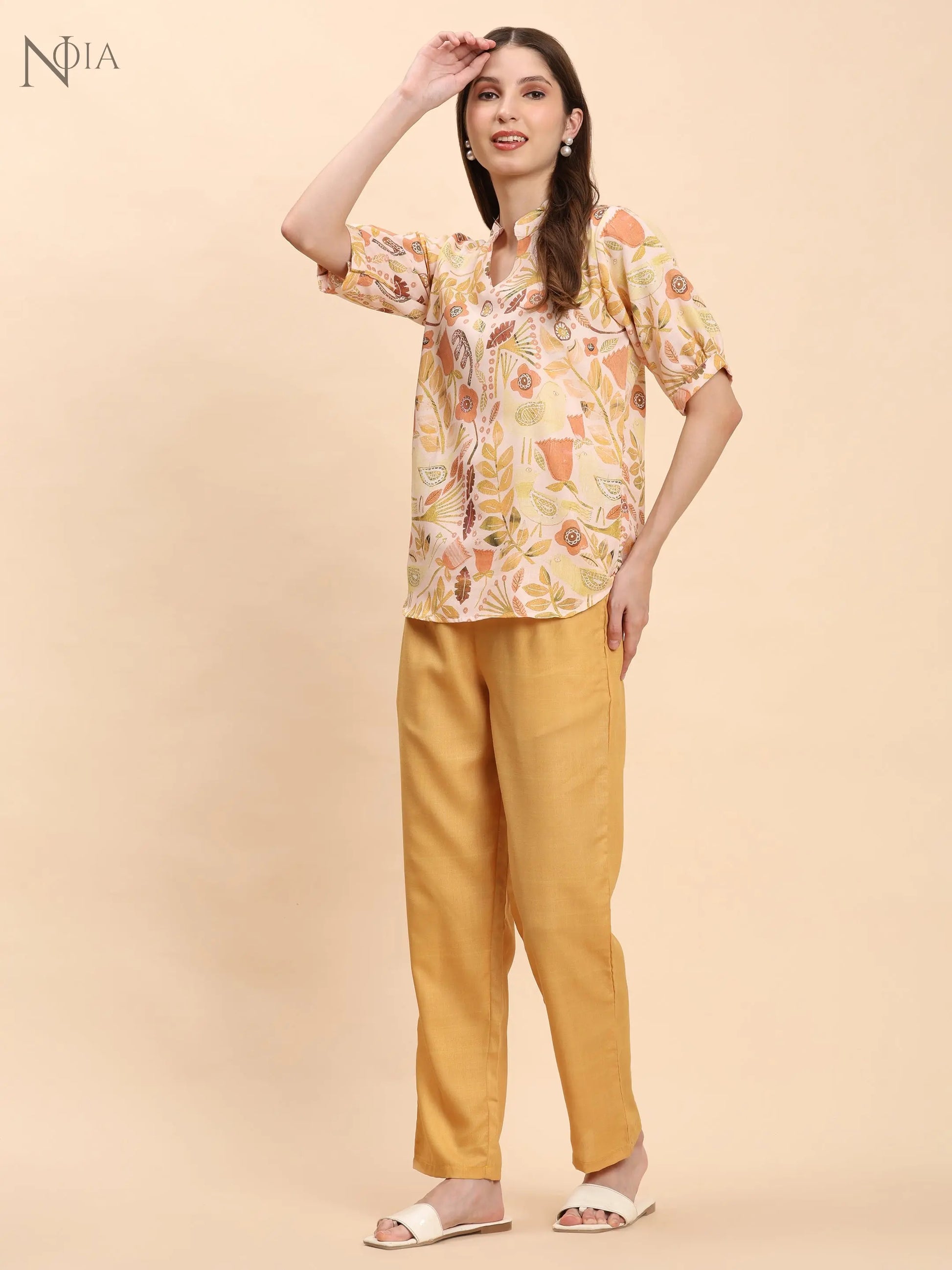Noia Yellow Multi Abstract Floral Short Sleeve Top with Trousers Noia